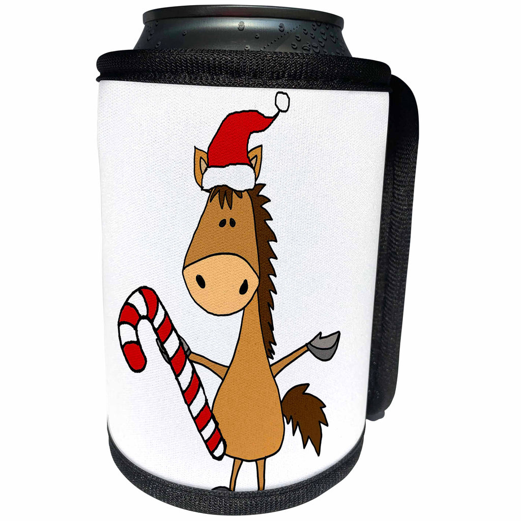 3dRose All Smiles Art Christmas - Funny Bay Horse in Santa hat Christmas Design - Can Cooler Bottle Wrap (cc_263916)
