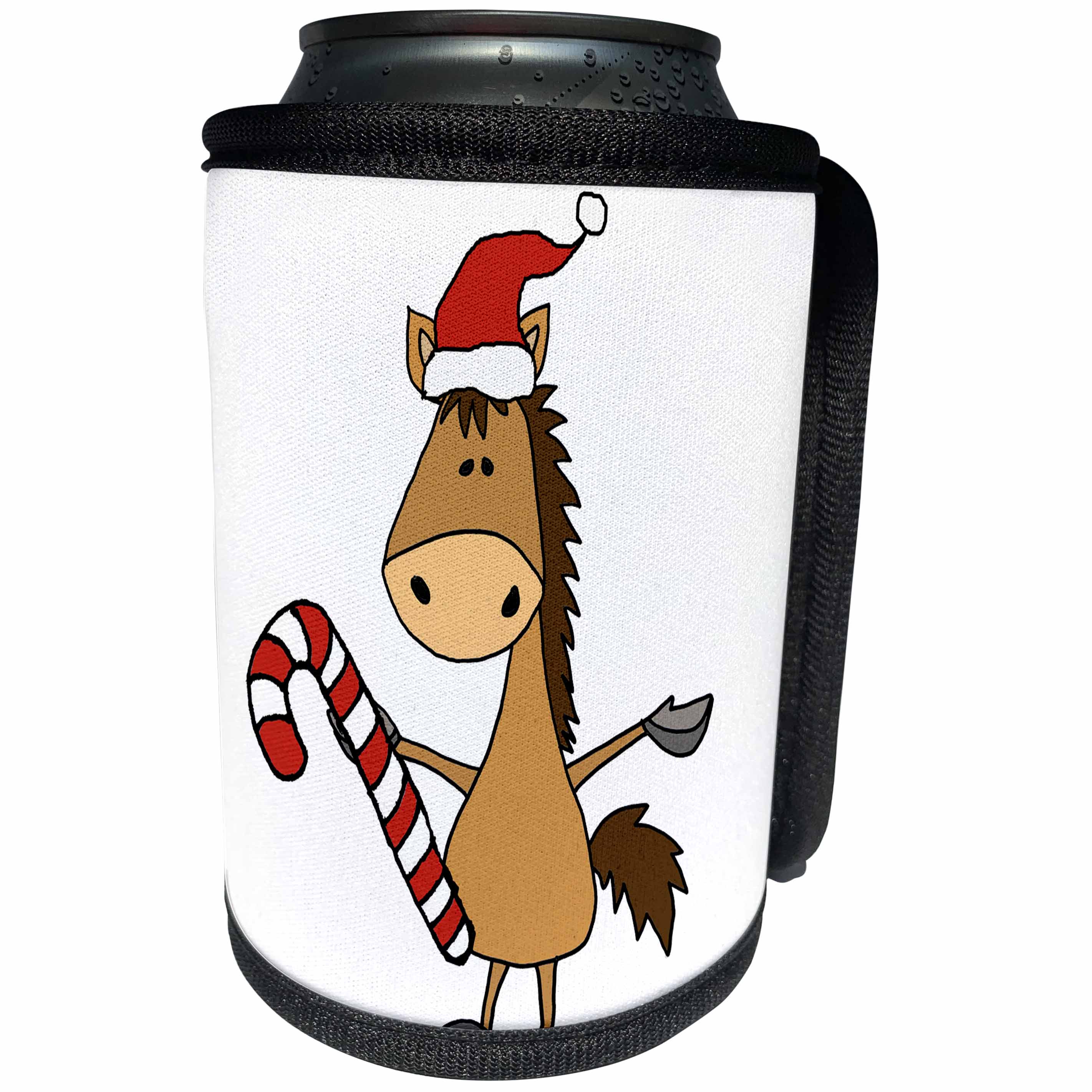 3dRose All Smiles Art Christmas - Funny Bay Horse in Santa hat Christmas Design - Can Cooler Bottle Wrap (cc_263916)