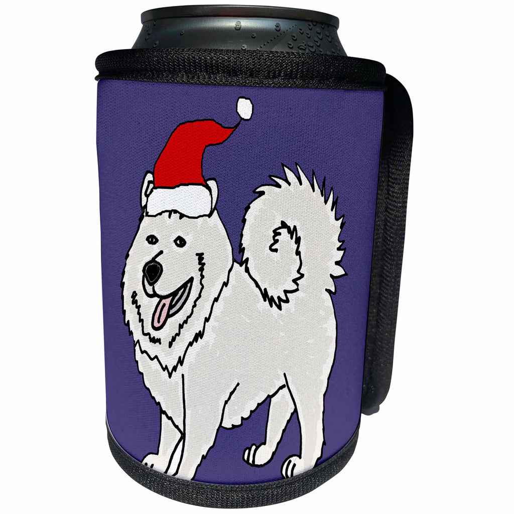3dRose All Smiles Art Pets - Funny Cute Samoyed Husky Dog in Santa Hat Christmas Cartoon - Can Cooler Bottle Wrap (cc_263919)
