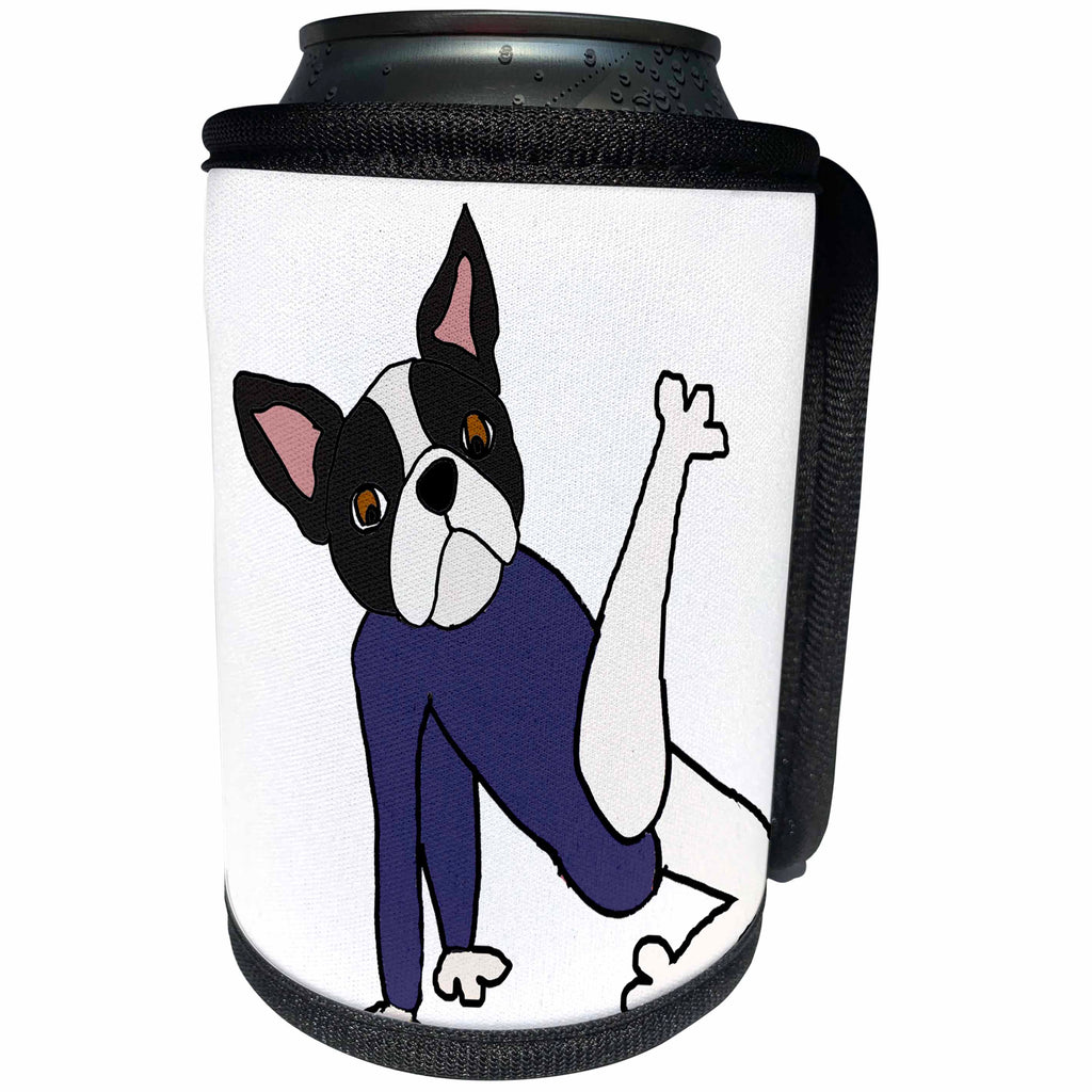 3dRose All Smiles Art Pets - Funny Cool Boston Terrier Puppy Dog doing Floor Exercises - Can Cooler Bottle Wrap (cc_263922)