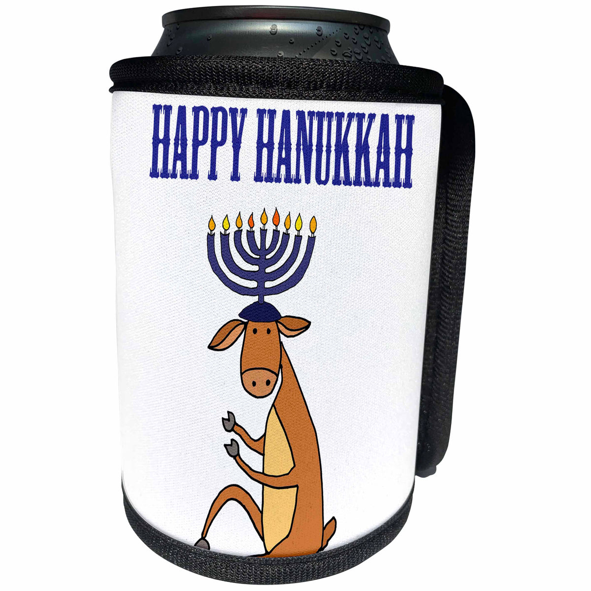 3dRose All Smiles Art Christmas - Funny Reindeer with Menorah Candles Antlers Happy Hanukkah - Can Cooler Bottle Wrap (cc_263924)