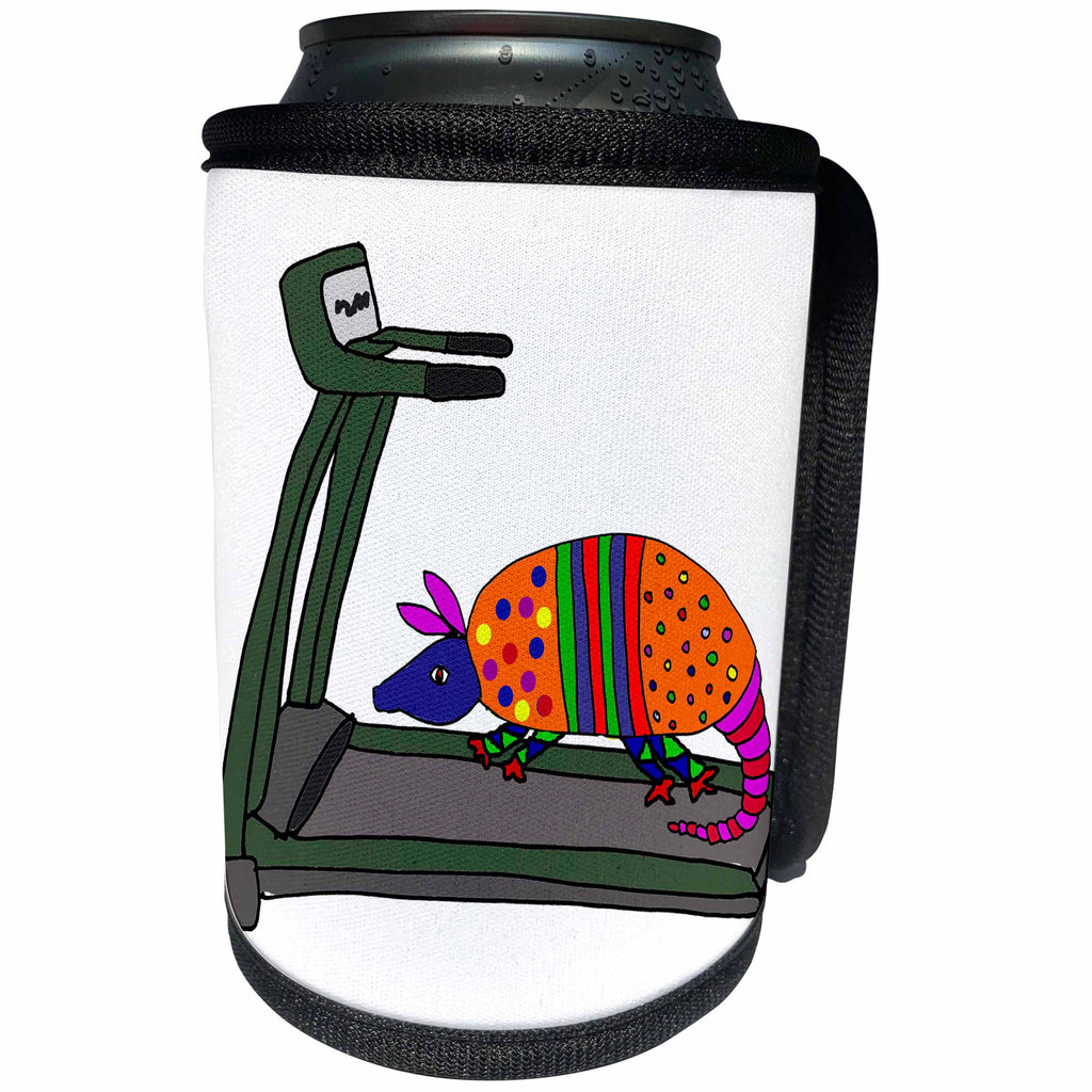 3dRose All Smiles Art Sports and Hobbies - Cool Humorous Armadillo on Treadmill Exercise Cartoon - Can Cooler Bottle Wrap (cc_263927)