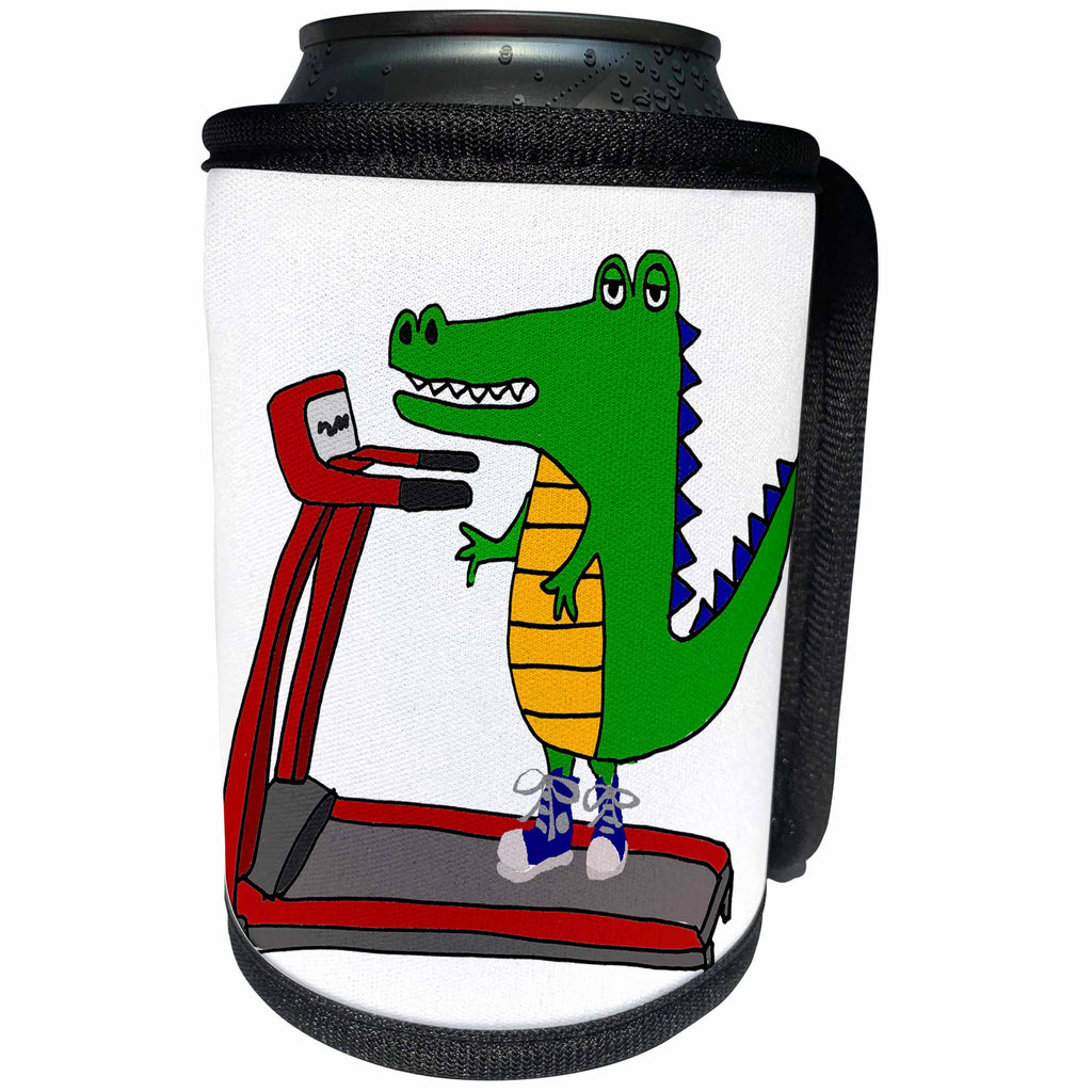 3dRose All Smiles Art Sports and Hobbies - Cute Funny Alligator on Treadmill Exercise Cartoon - Can Cooler Bottle Wrap (cc_263930)