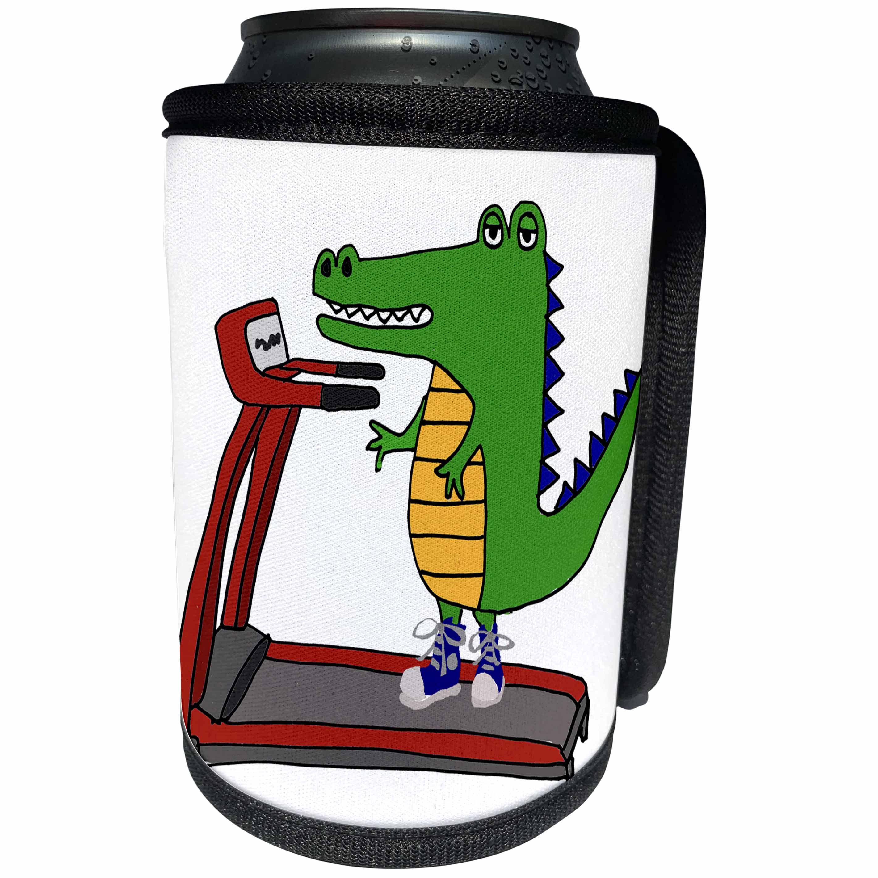3dRose All Smiles Art Sports and Hobbies - Cute Funny Alligator on Treadmill Exercise Cartoon - Can Cooler Bottle Wrap (cc_263930)