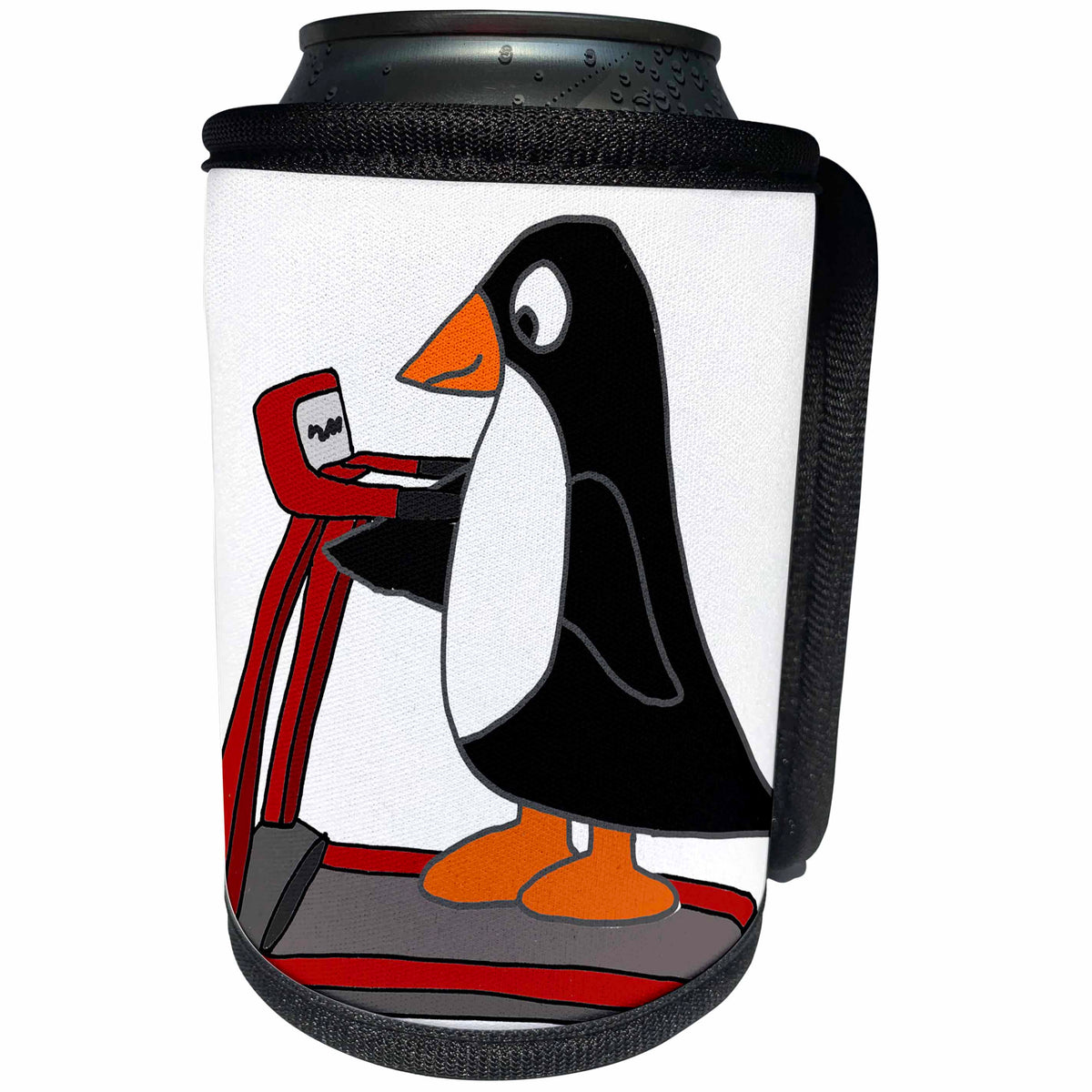 3dRose All Smiles Art Sports and Hobbies - Funny Cute Penguin on Treadmill Exercise Cartoon - Can Cooler Bottle Wrap (cc_263932)