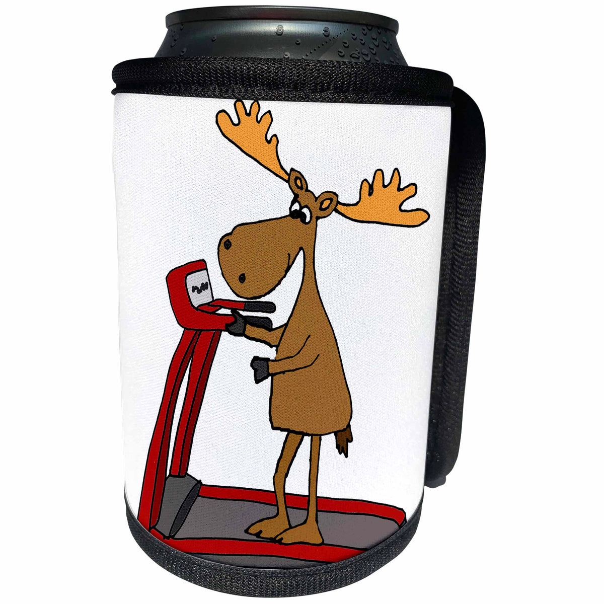 3dRose All Smiles Art Sports and Hobbies - Funny Cute Moose using Treadmill Exercise Cartoon - Can Cooler Bottle Wrap (cc_263933)