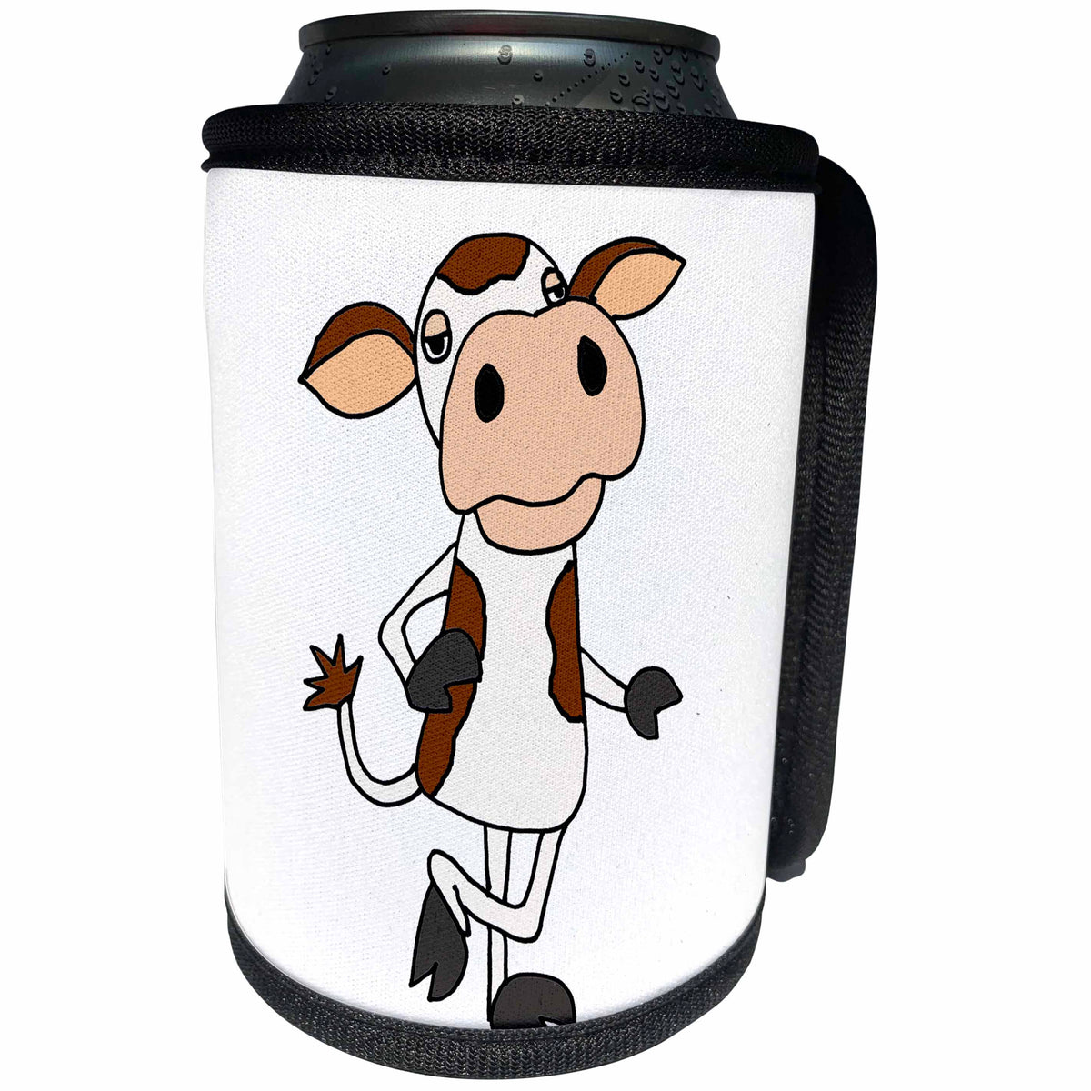 3dRose All Smiles Art Animals - Funny Funky Brown and White Cow Cartoon - Can Cooler Bottle Wrap (cc_263934)