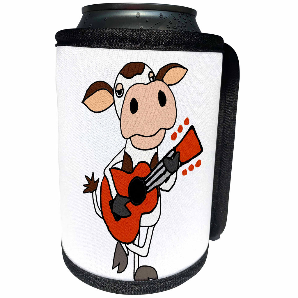 3dRose All Smiles Art Music - Funny Cute Brown and White Cow playing Guitar - Can Cooler Bottle Wrap (cc_263936)