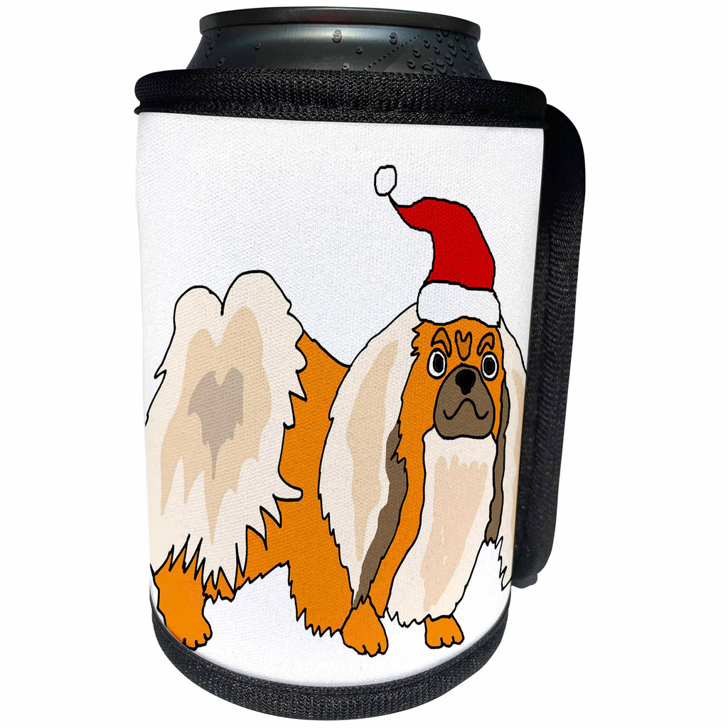 3dRose All Smiles Art Pets - Cute Funny Pekingese Dog in Santa Hat Christmas Cartoon - Can Cooler Bottle Wrap (cc_263939)