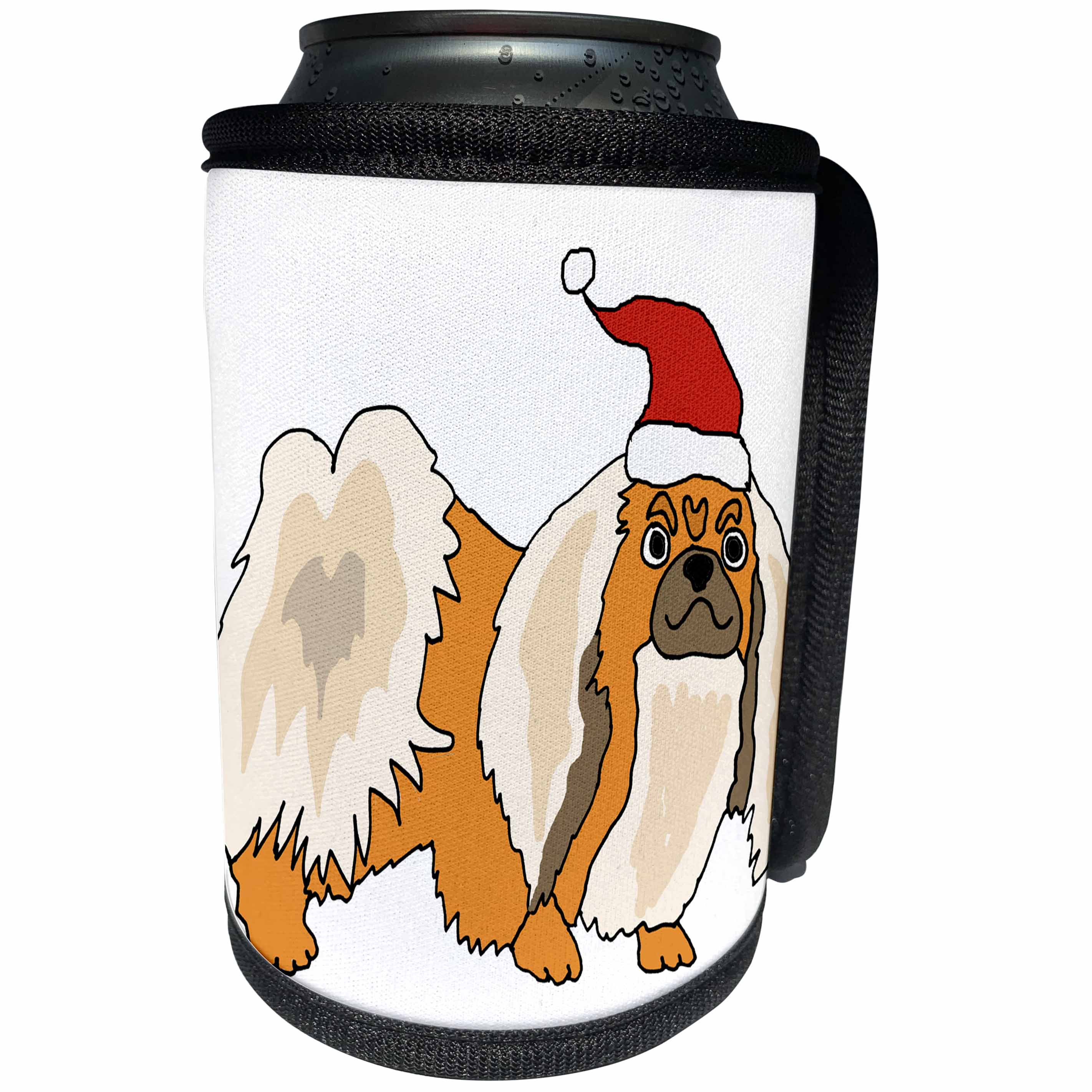 3dRose All Smiles Art Pets - Cute Funny Pekingese Dog in Santa Hat Christmas Cartoon - Can Cooler Bottle Wrap (cc_263939)