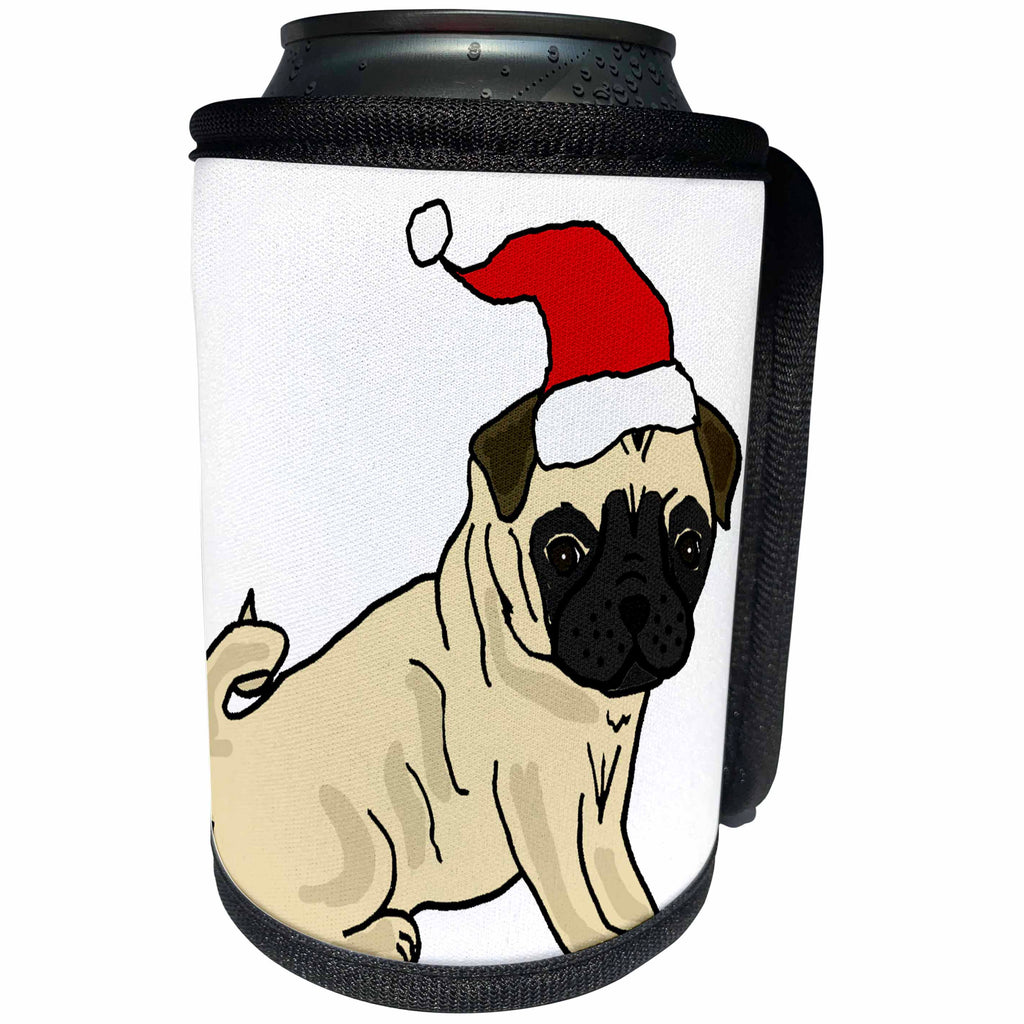 3dRose All Smiles Art Pets - Funny Cute Pug in Santa hat Christmas cartoon - Can Cooler Bottle Wrap (cc_263941)