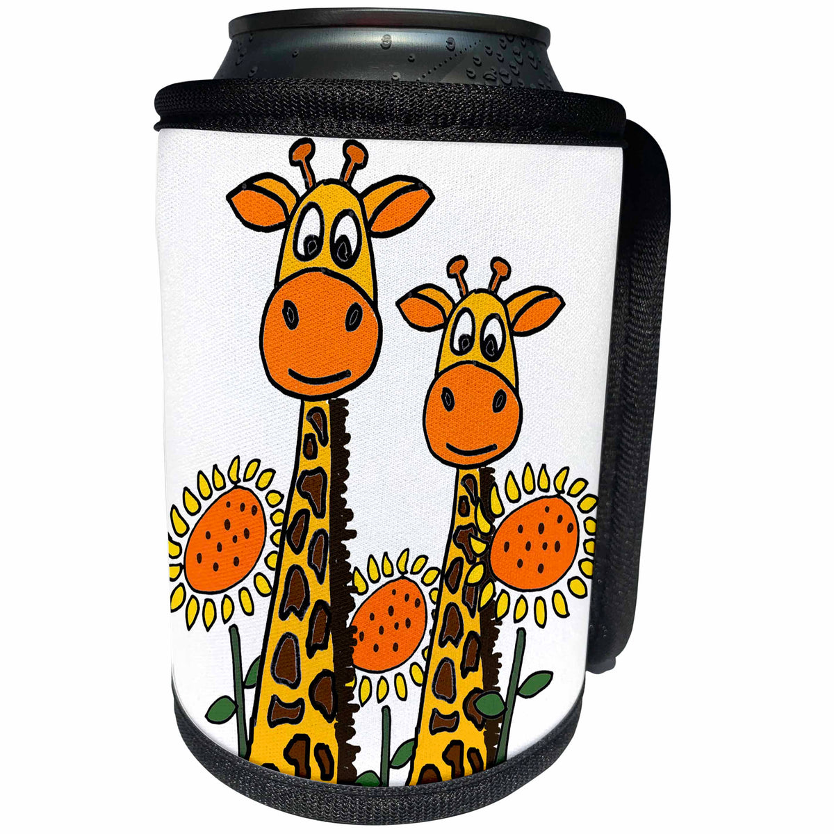 3dRose All Smiles Art Giraffes - Funny Cool Giraffes and Sunflowers Art - Can Cooler Bottle Wrap (cc_263942)