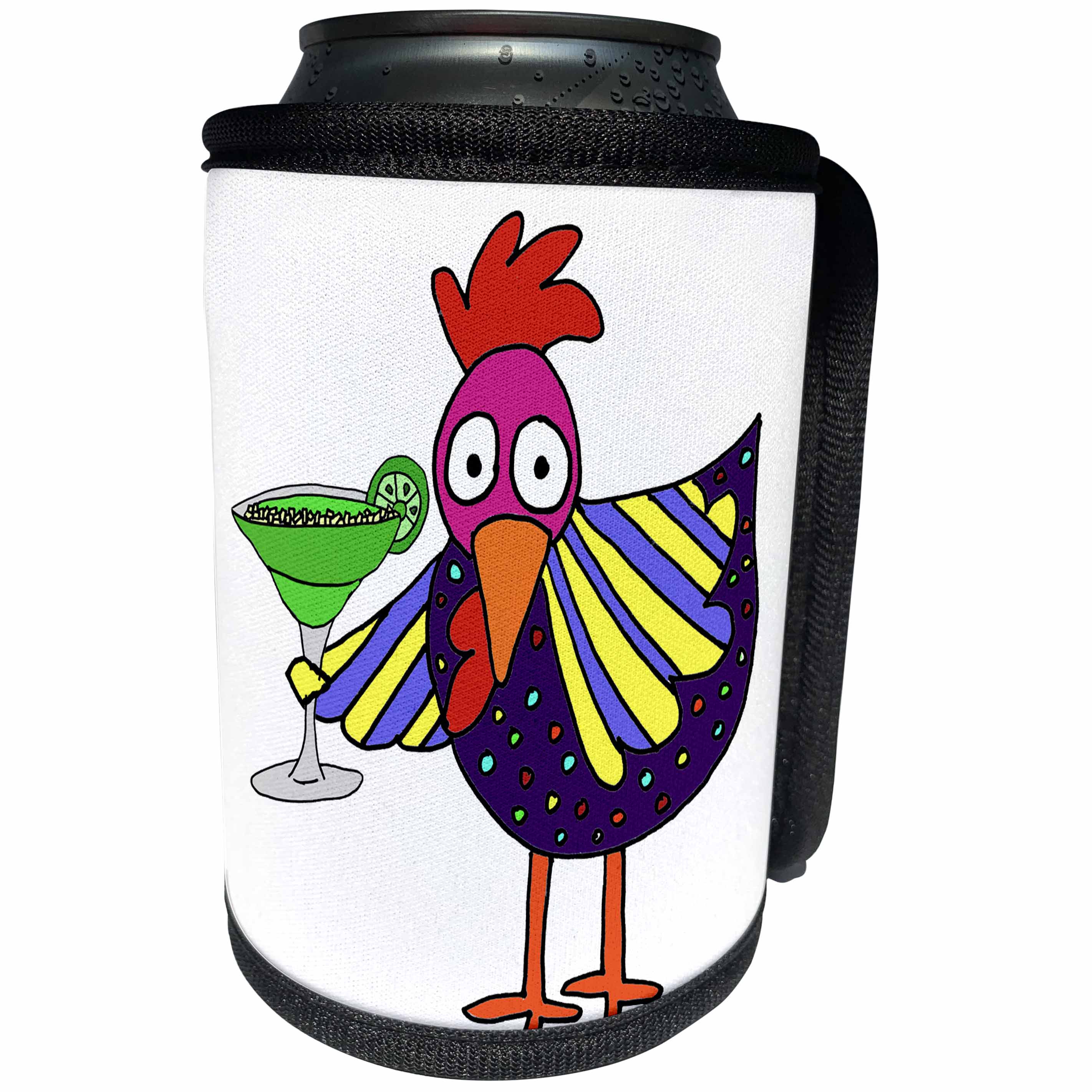 3dRose All Smiles Art Drinking - Cool Funny Funky Rooster Drinking Margarita Art - Can Cooler Bottle Wrap (cc_263944)