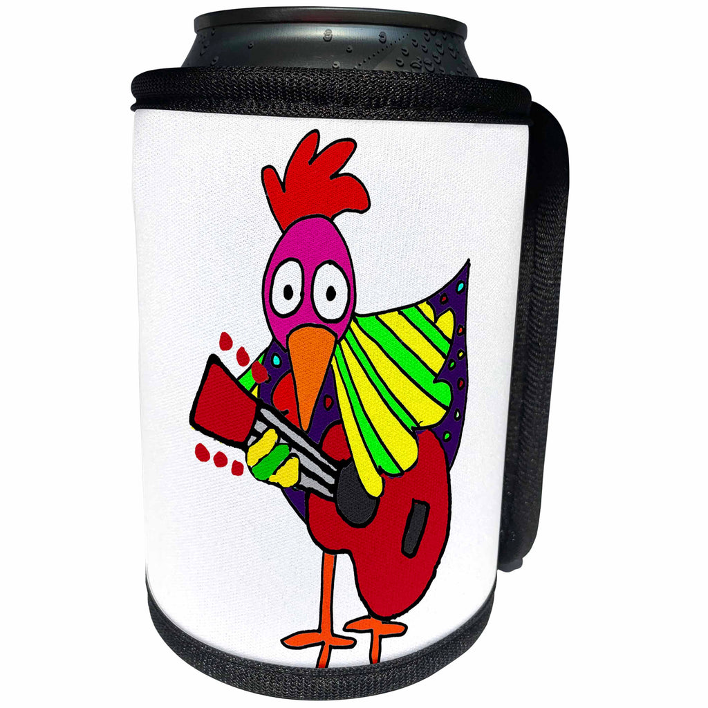 3dRose All Smiles Art Birds - Cute funny Pop Art Rooster Chicken Playing Guitar Art - Can Cooler Bottle Wrap (cc_263945)