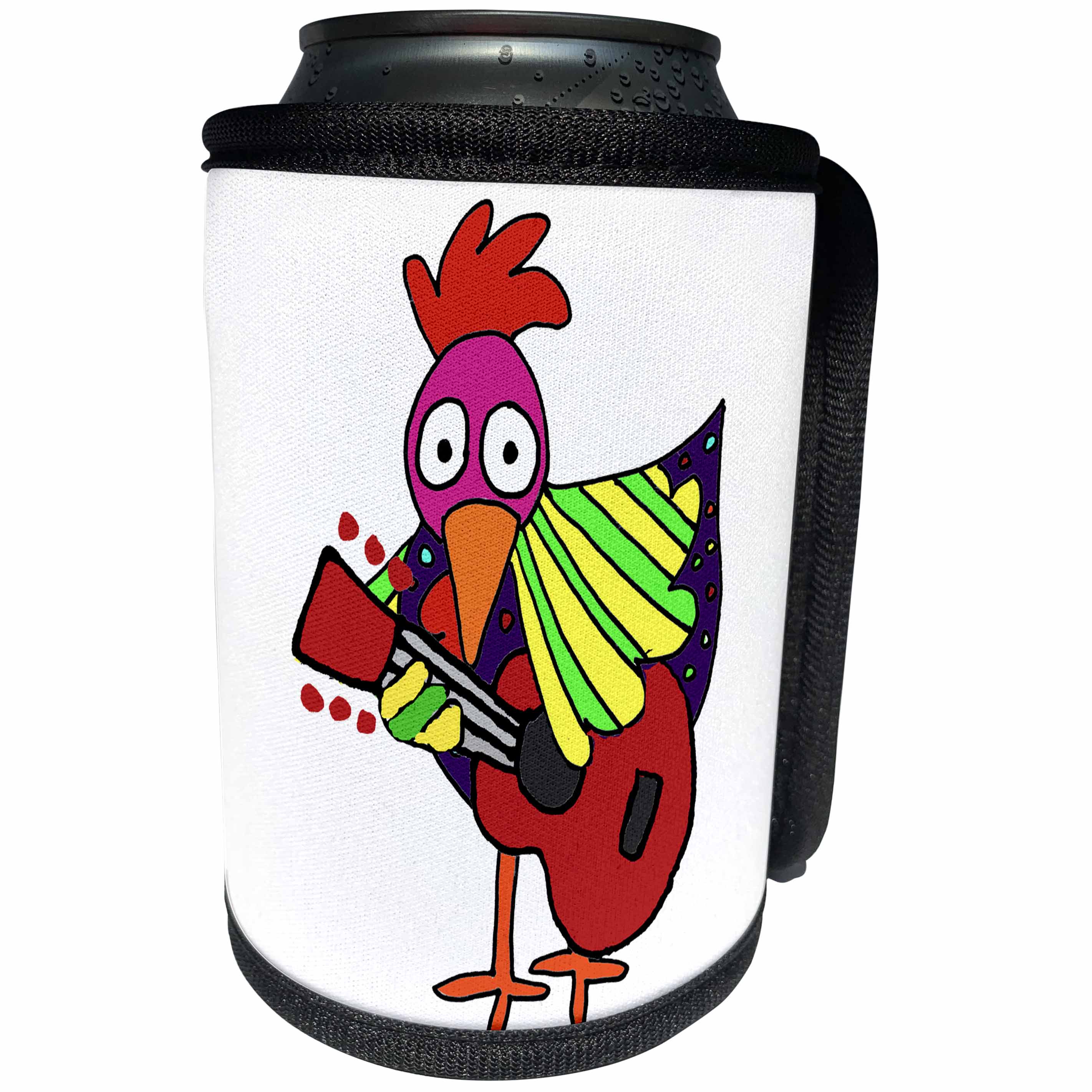 3dRose All Smiles Art Birds - Cute funny Pop Art Rooster Chicken Playing Guitar Art - Can Cooler Bottle Wrap (cc_263945)