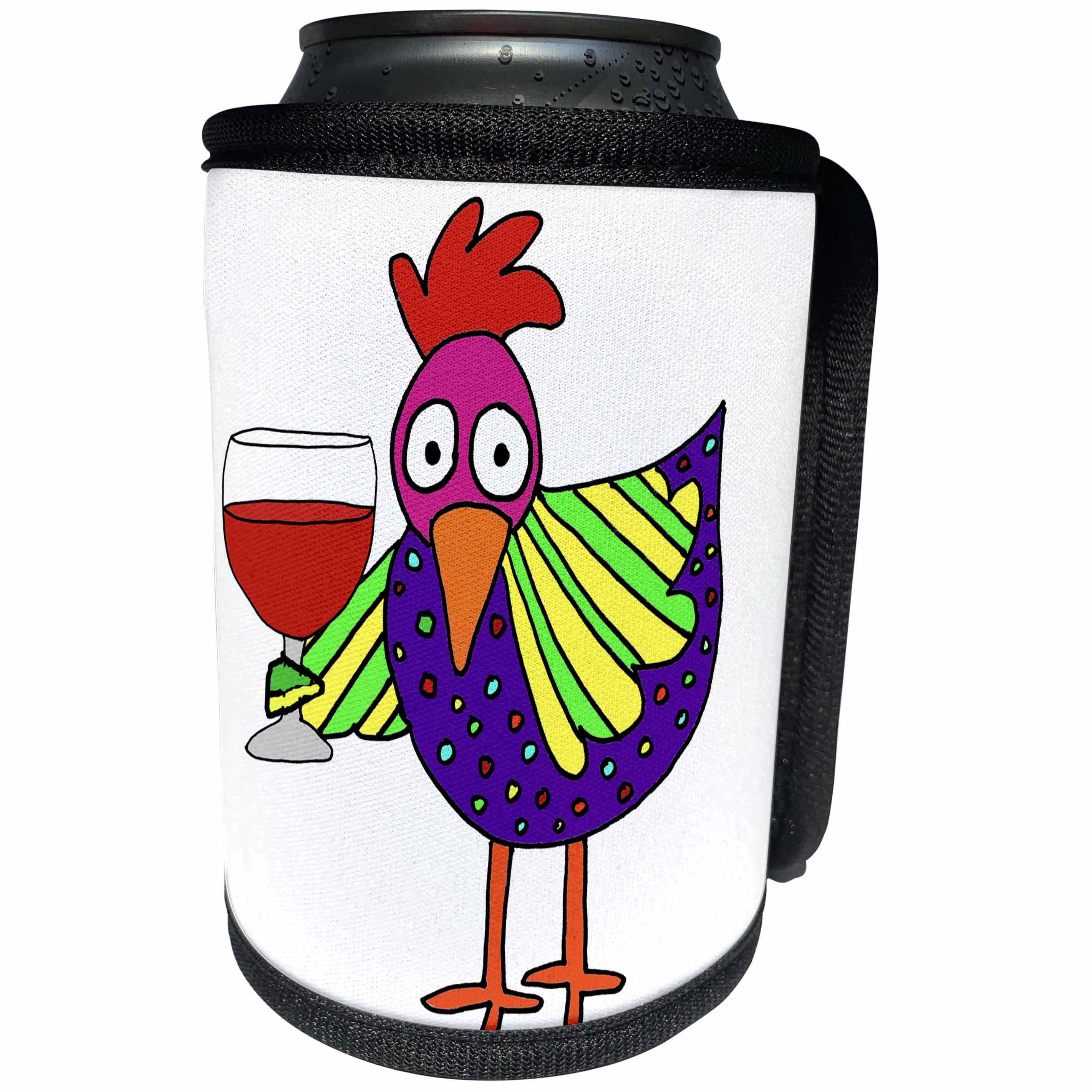 3dRose All Smiles Art Birds - Funny Cool Colorful Chicken Drinking Wine Cartoon - Can Cooler Bottle Wrap (cc_263946)