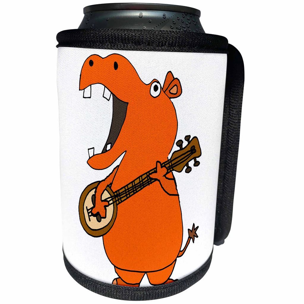 3dRose All Smiles Art Music - Cute Funny Hippo Playing the Banjo Cartoon - Can Cooler Bottle Wrap (cc_263949)