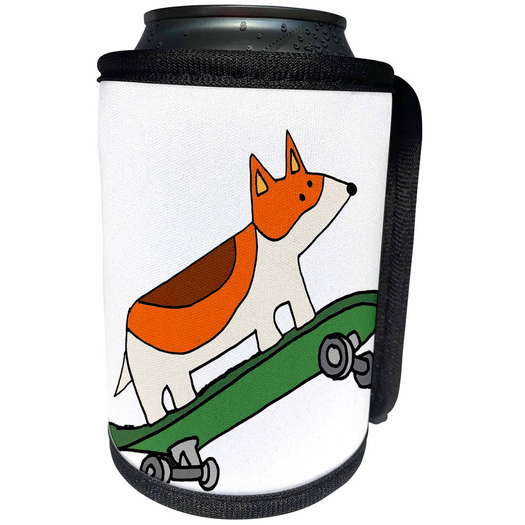 3dRose All Smiles Art Pets - Amusing Cute Welsh Corgi Dog Skateboarding Cartoon - Can Cooler Bottle Wrap (cc_263951)