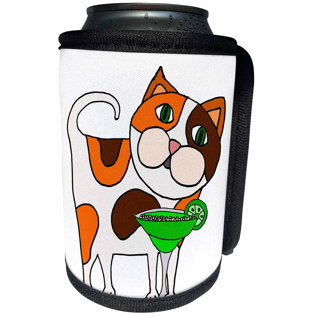 3dRose All Smiles Art Pets - Cool Funny Calico Cat Drinking Margarita Cartoon - Can Cooler Bottle Wrap (cc_263959)