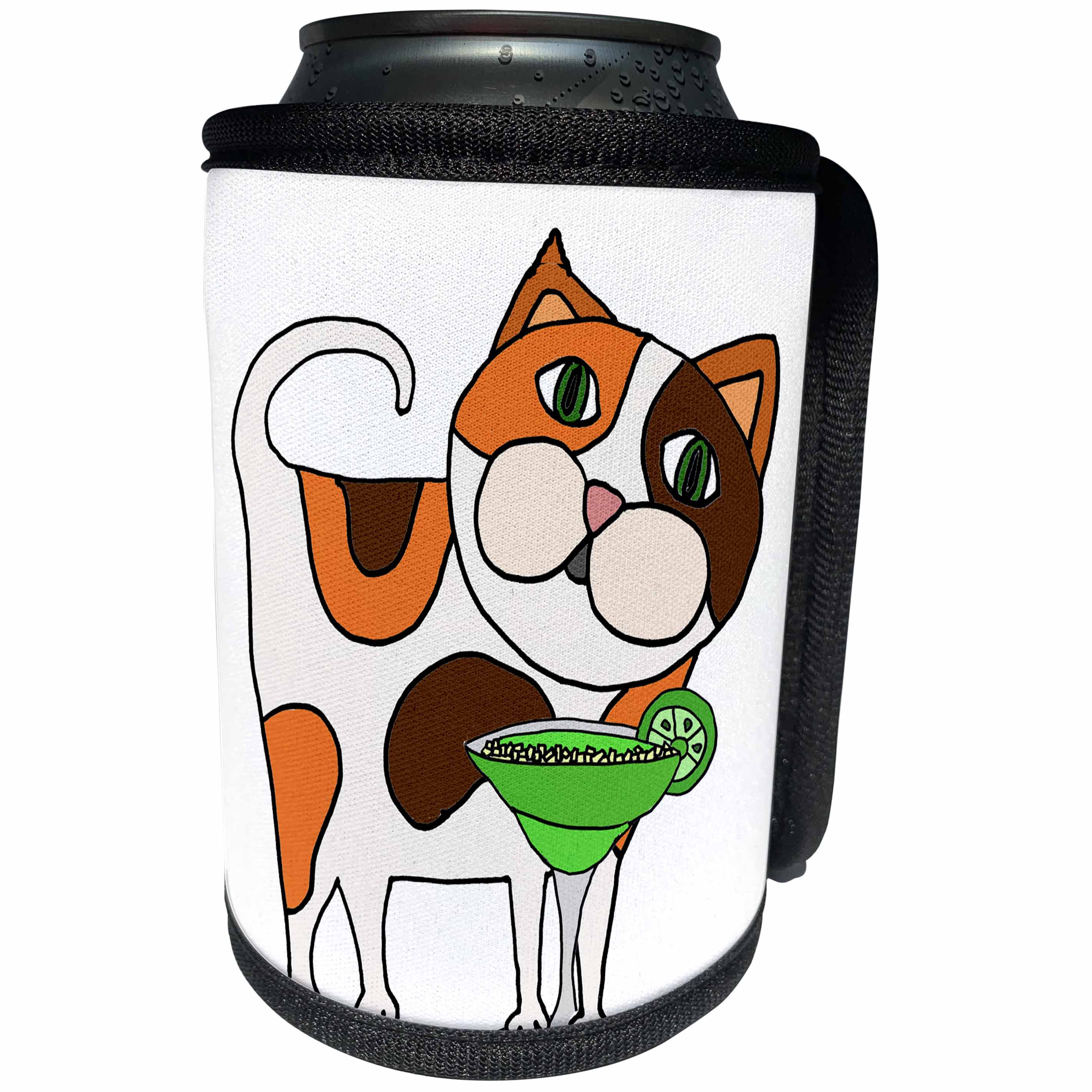 3dRose All Smiles Art Pets - Cool Funny Calico Cat Drinking Margarita Cartoon - Can Cooler Bottle Wrap (cc_263959)