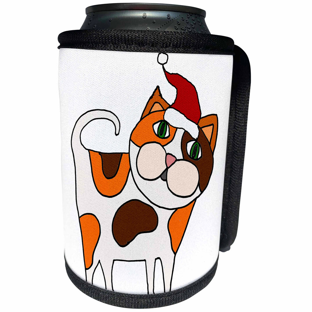 3dRose All Smiles Art Pets - Funny Cute Calico Cat in Santa Hat Christmas Cartoon - Can Cooler Bottle Wrap (cc_263960)