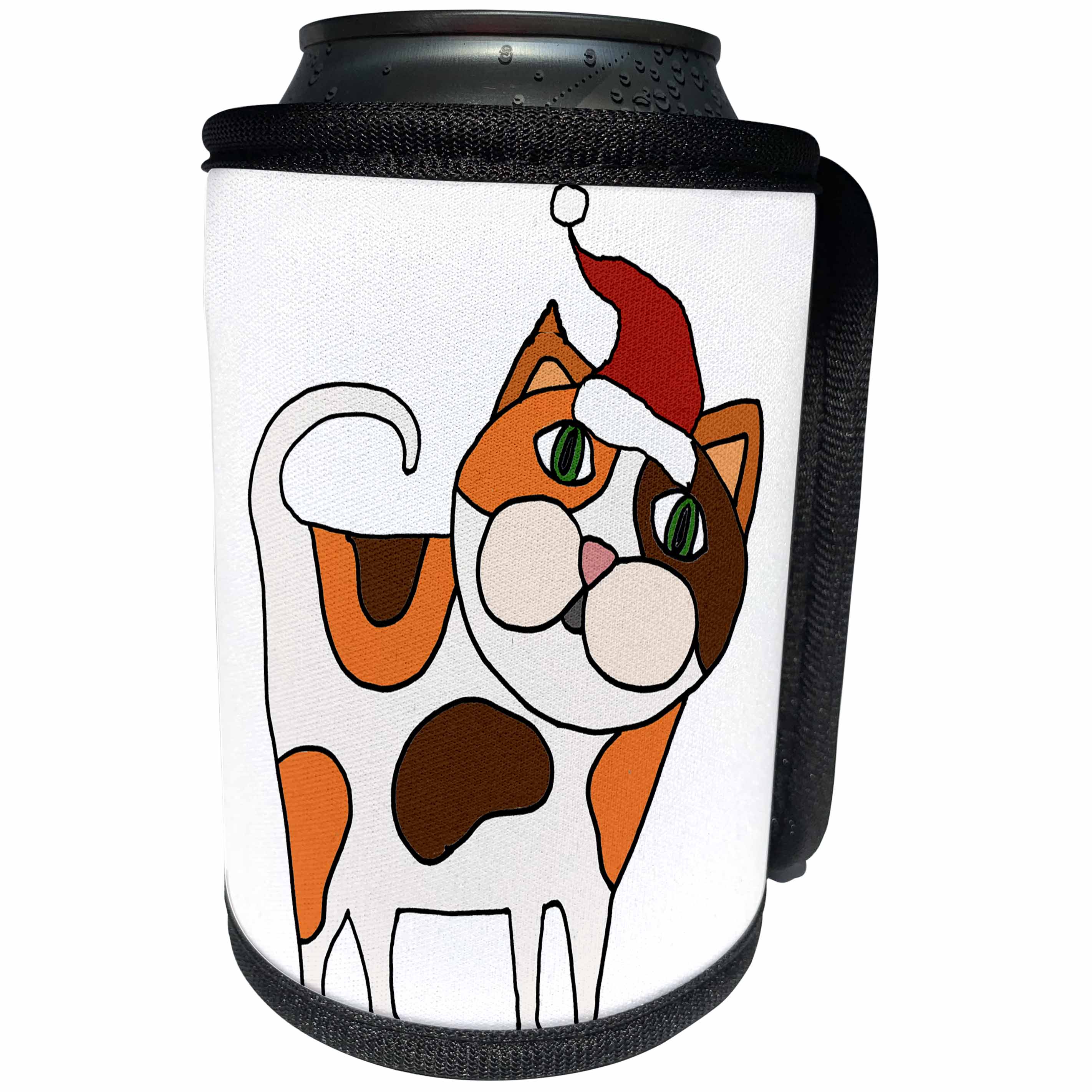 3dRose All Smiles Art Pets - Funny Cute Calico Cat in Santa Hat Christmas Cartoon - Can Cooler Bottle Wrap (cc_263960)