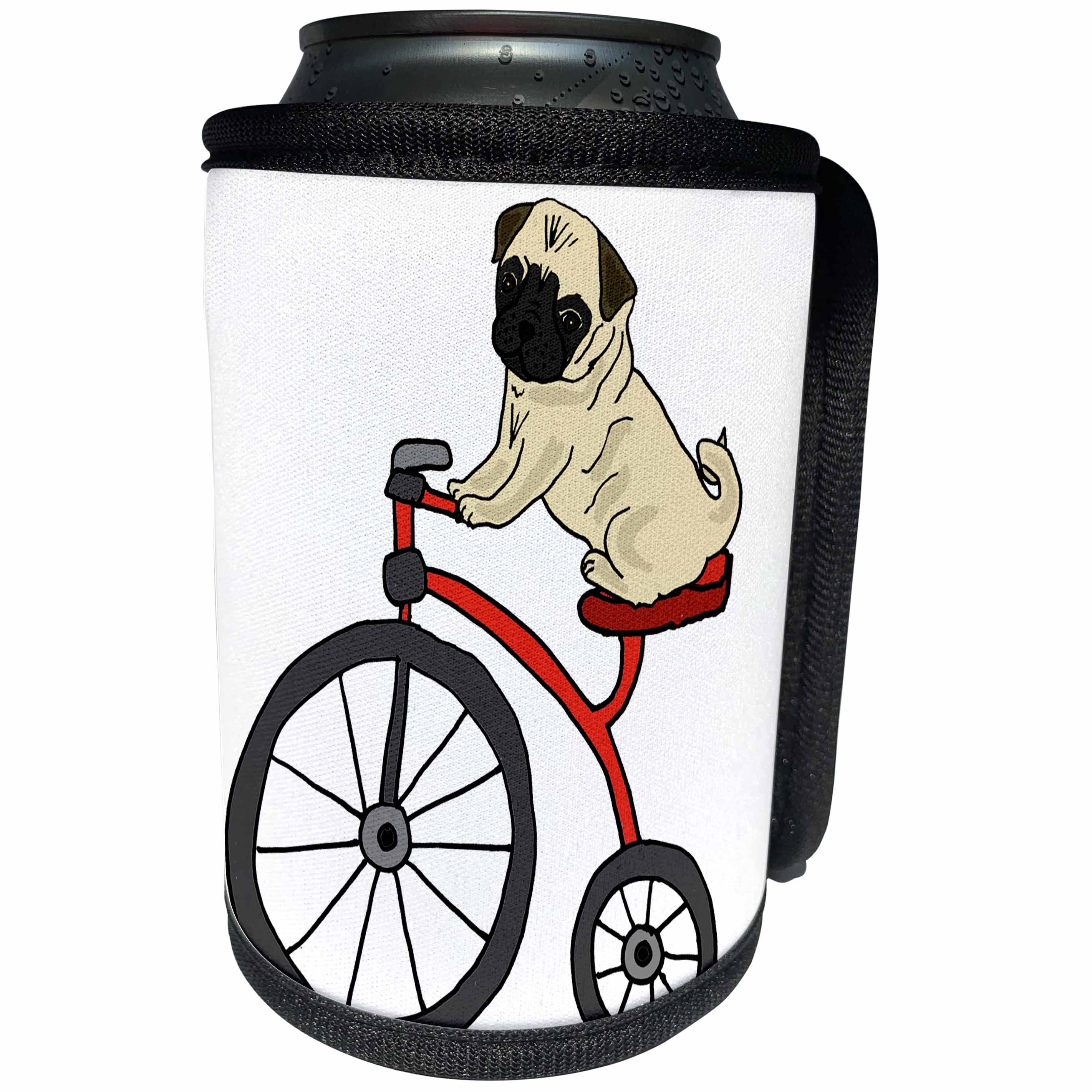 3dRose All Smiles Art Pets - Cute Amusing Pug Puppy Dog riding Tricycle cartoon - Can Cooler Bottle Wrap (cc_263961)