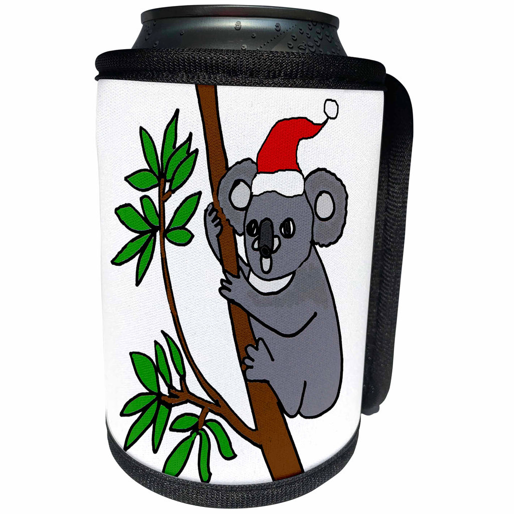 3dRose All Smiles Art Christmas - Funny Cute Koala Bear in Santa Hat Christmas Cartoon - Can Cooler Bottle Wrap (cc_263963)