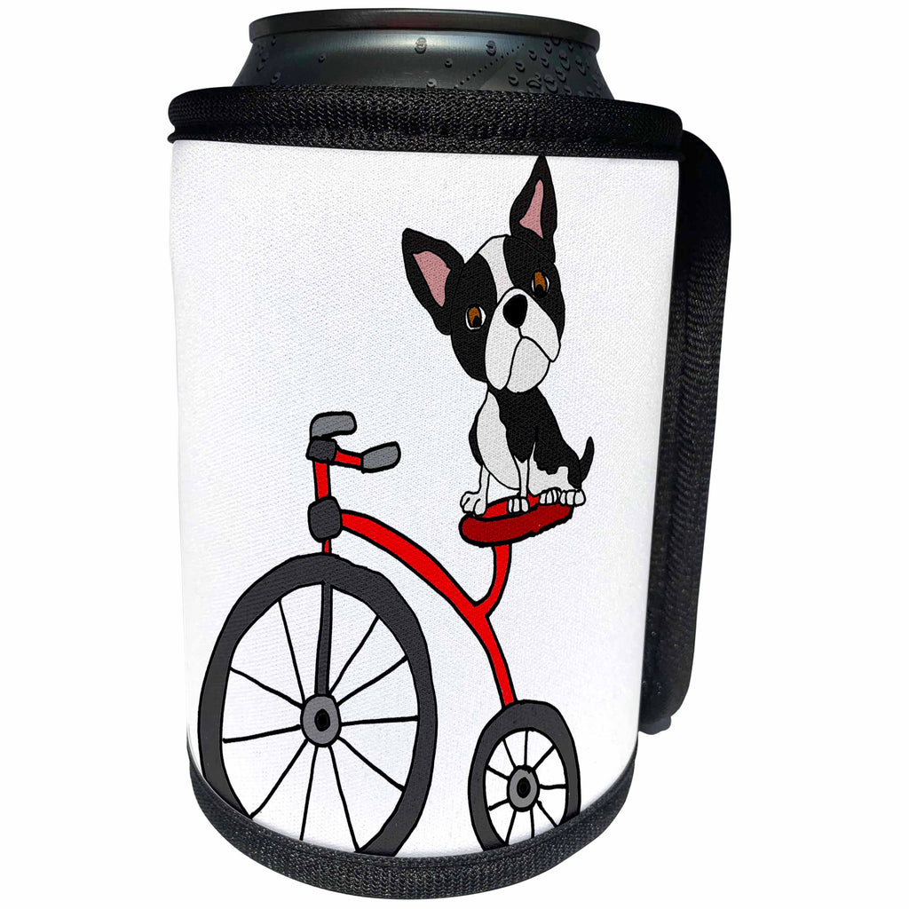 3dRose All Smiles Art Pets - Cool Funny Boston Terrier Dog riding Tricycle Cartoon - Can Cooler Bottle Wrap (cc_263964)