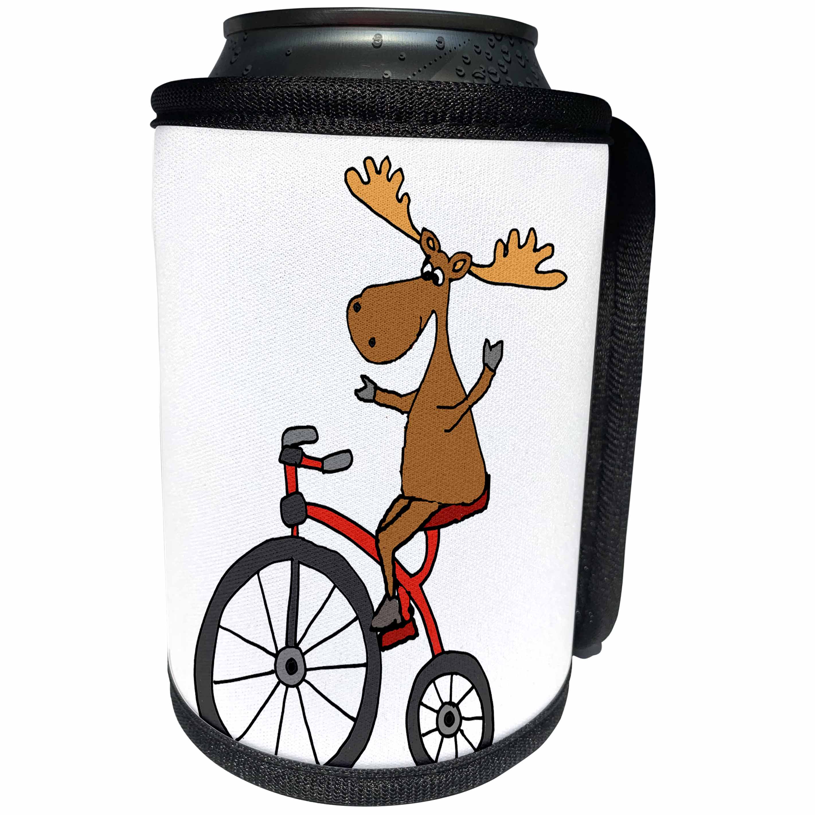 3dRose All Smiles Art Animals - Cute Funny Moose Riding red Tricycle Cartoon - Can Cooler Bottle Wrap (cc_263965)