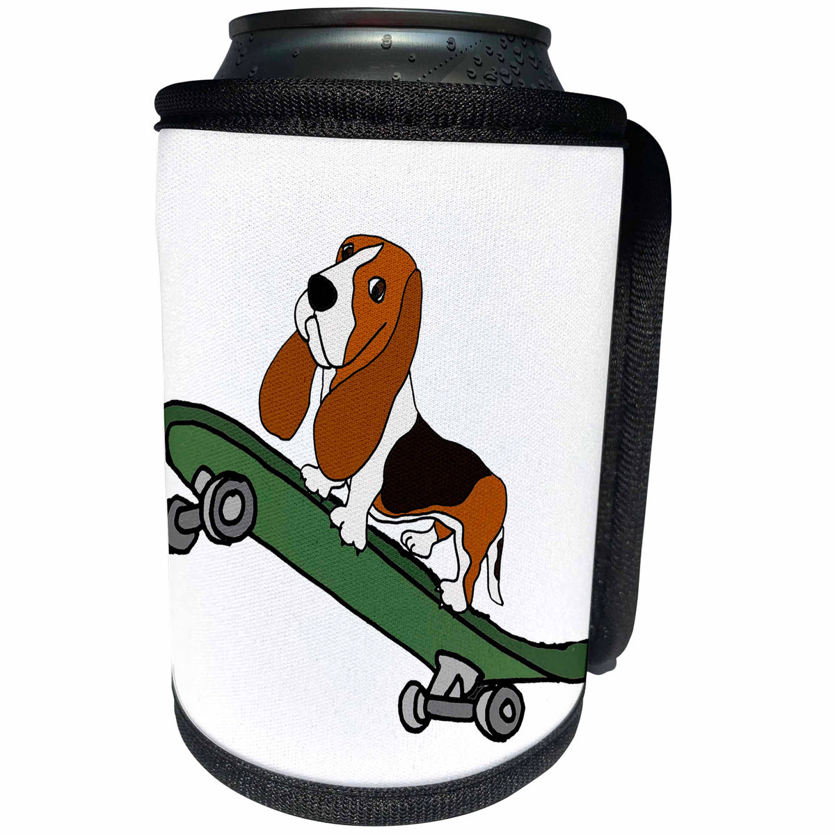 3dRose All Smiles Art Pets - Funny Cute Basset Hound Dog on Skateboard Cartoon - Can Cooler Bottle Wrap (cc_263967)