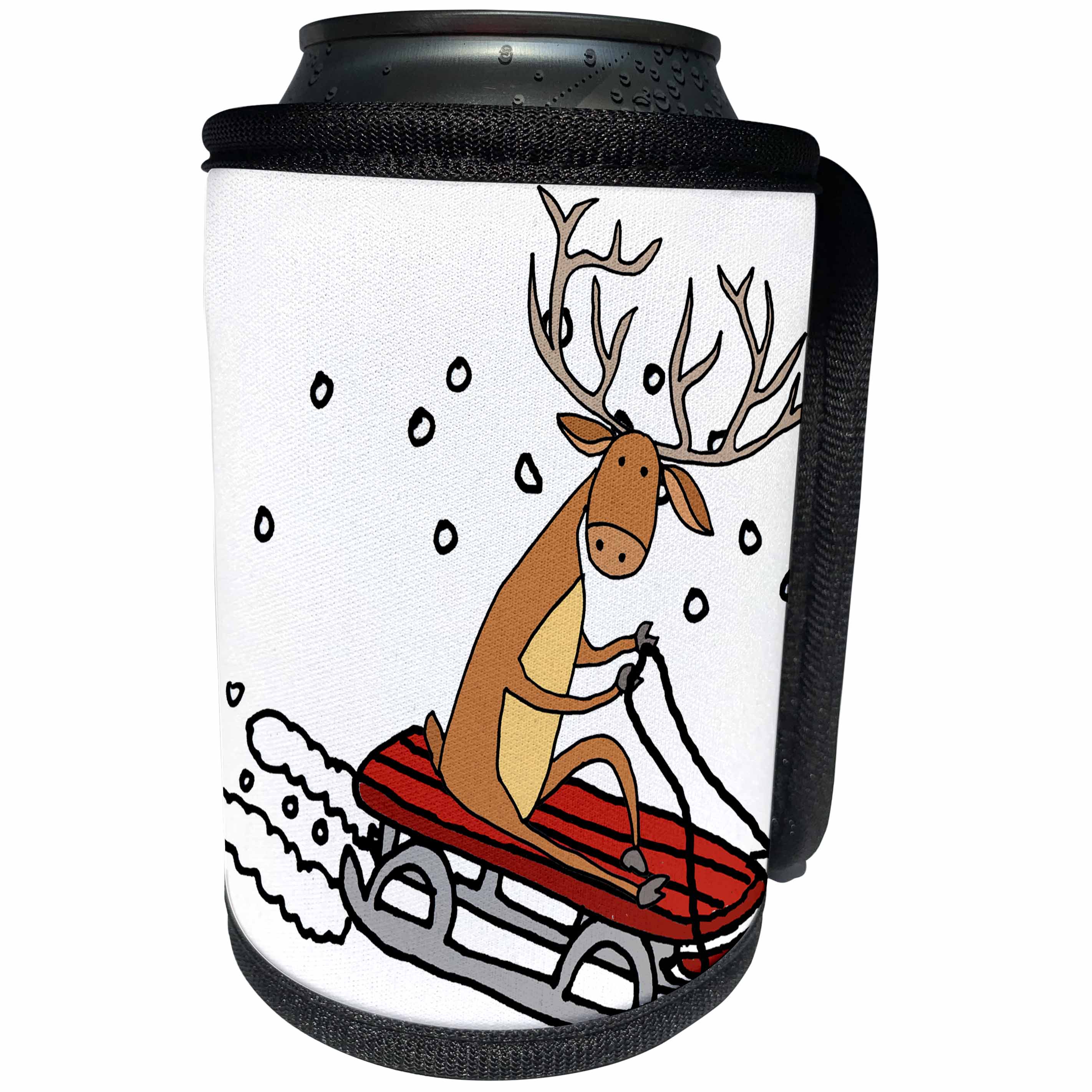 3dRose All Smiles Art Christmas - Cool Funny Red Nosed reindeer Sledding Christmas Cartoon - Can Cooler Bottle Wrap (cc_263969)