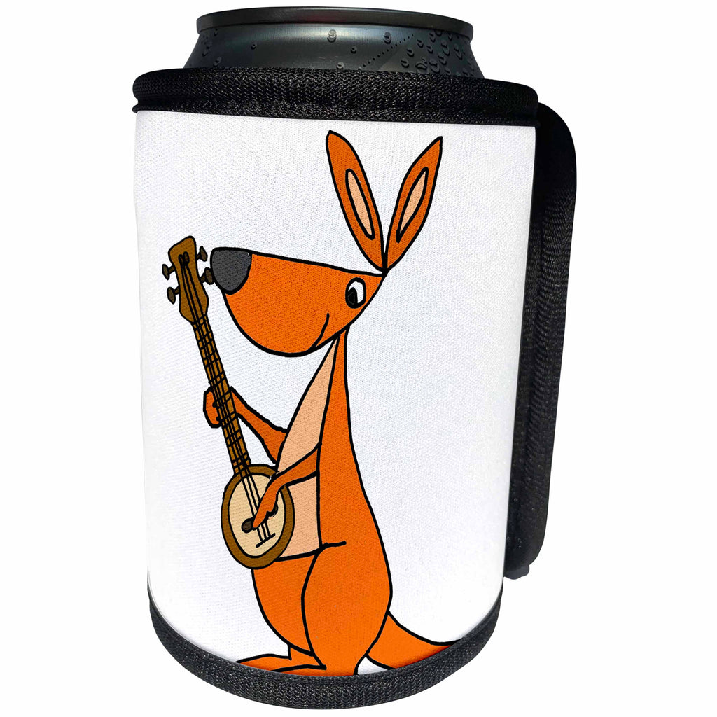 3dRose All Smiles Art Music - Funny Cute Orange Kangaroo Playing banjo Cartoon - Can Cooler Bottle Wrap (cc_263973)