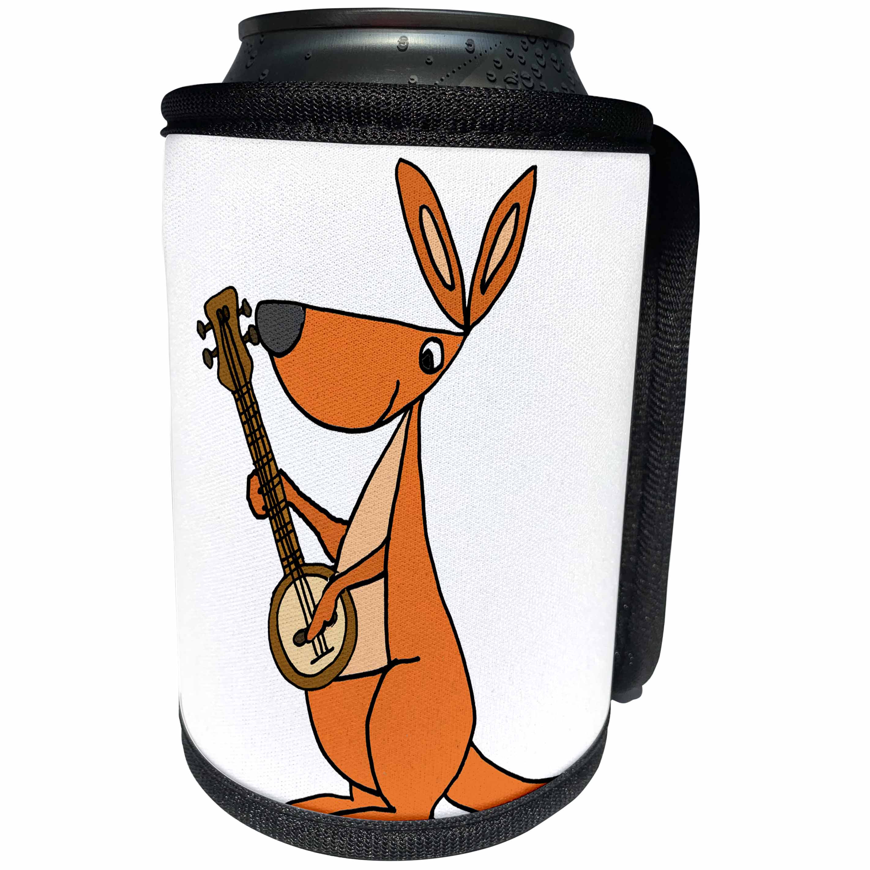 3dRose All Smiles Art Music - Funny Cute Orange Kangaroo Playing banjo Cartoon - Can Cooler Bottle Wrap (cc_263973)