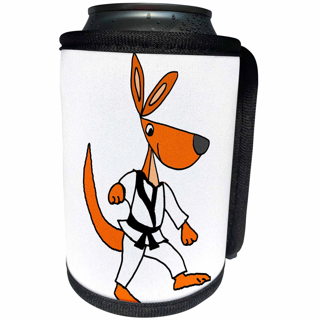 3dRose All Smiles Art Sports and Hobbies - Cute Funny Kangaroo Practicing karate Kick Cartoon - Can Cooler Bottle Wrap (cc_263975)