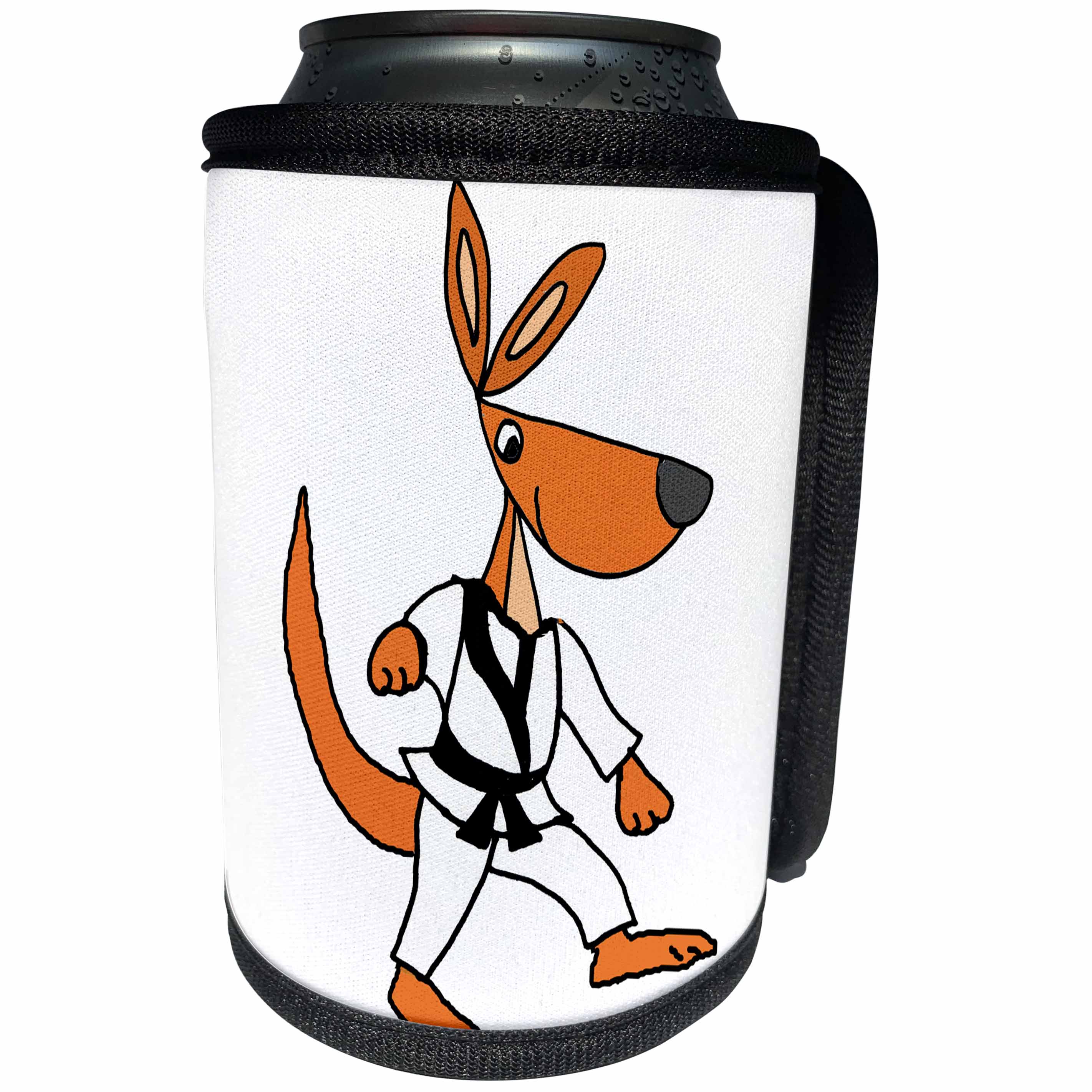 3dRose All Smiles Art Sports and Hobbies - Cute Funny Kangaroo Practicing karate Kick Cartoon - Can Cooler Bottle Wrap (cc_263975)