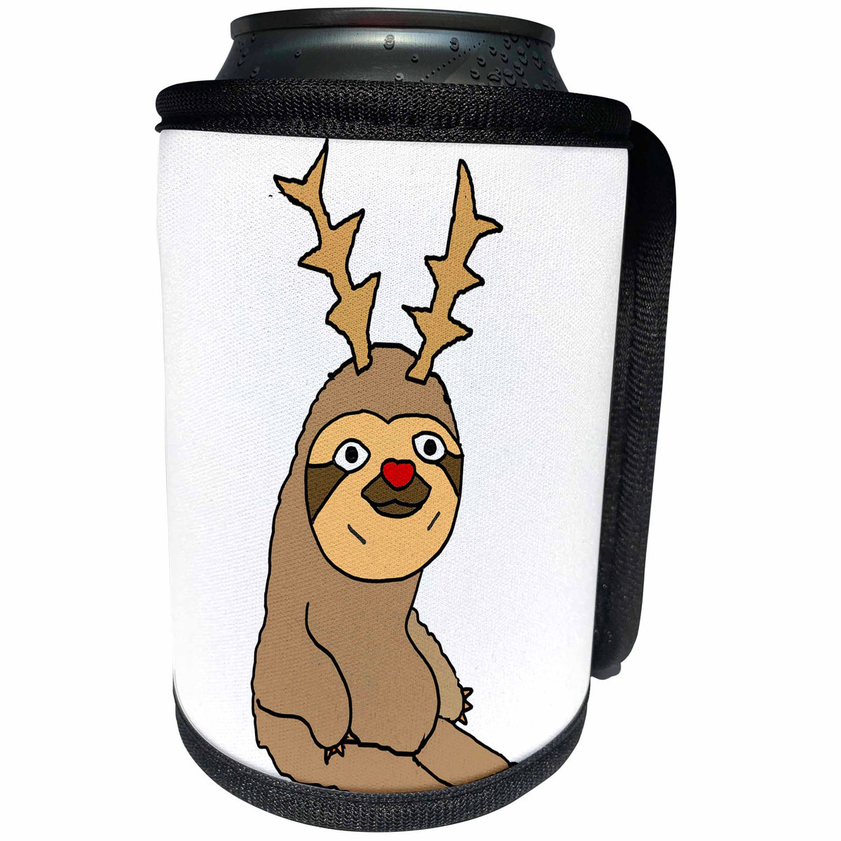 3dRose All Smiles Art Christmas - Amusing Cute Sloth with Reindeer Antlers Christmas Cartoon - Can Cooler Bottle Wrap (cc_263977)