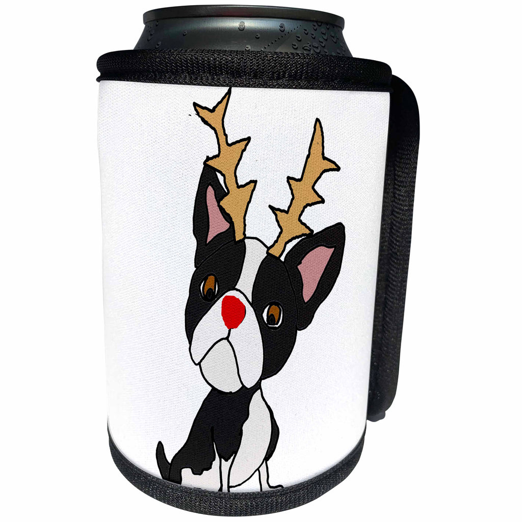 3dRose All Smiles Art Christmas - Cute funny Boston Terrier Dog with Reindeer Antlers Christmas - Can Cooler Bottle Wrap (cc_263978)
