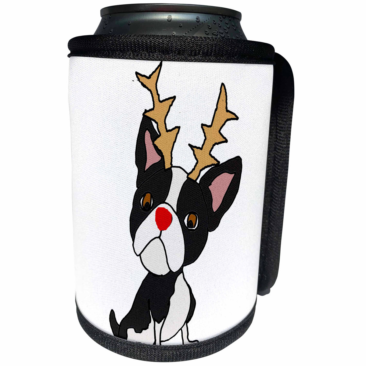 3dRose All Smiles Art Christmas - Cute funny Boston Terrier Dog with Reindeer Antlers Christmas - Can Cooler Bottle Wrap (cc_263978)