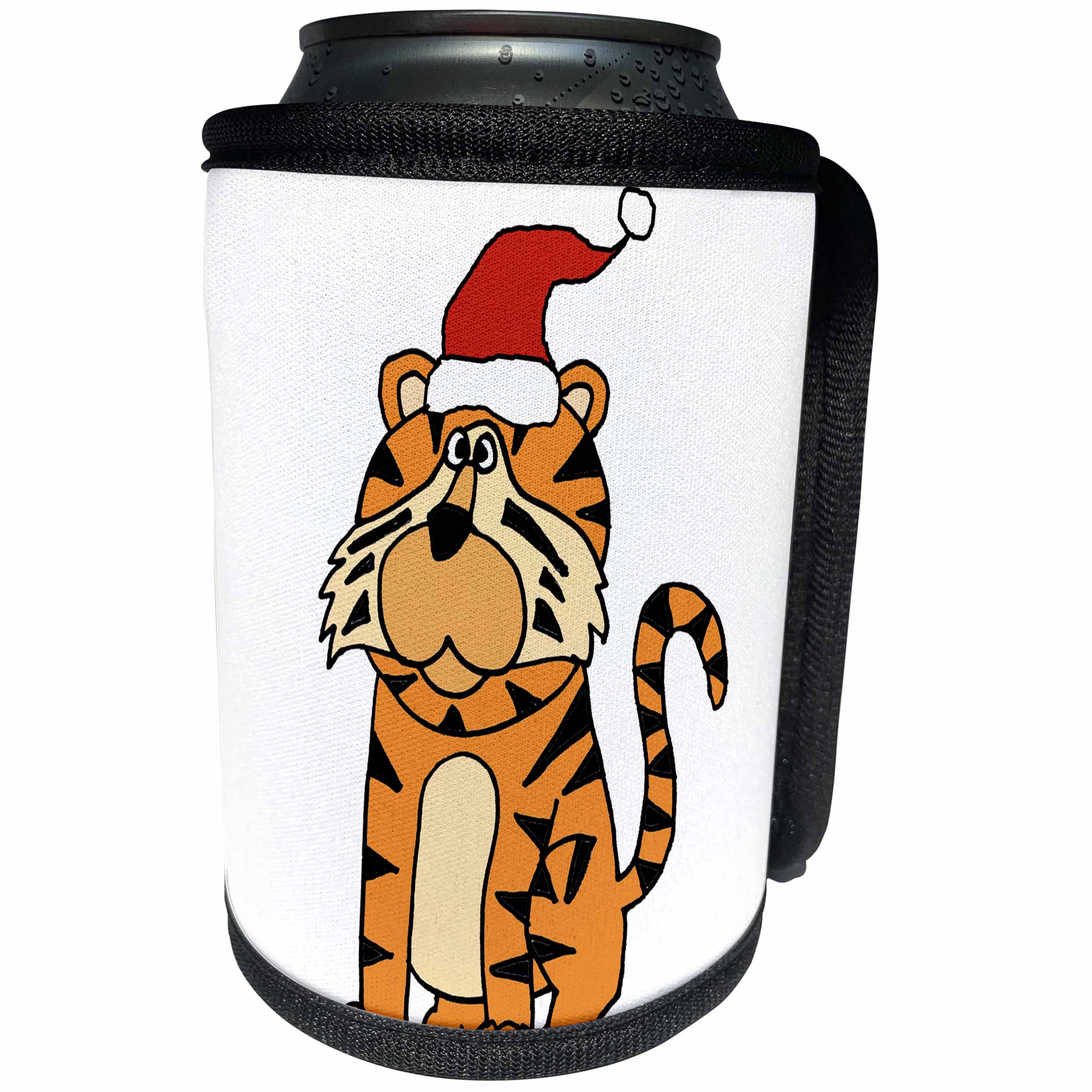 3dRose All Smiles Art Christmas - Cute Humorous Roaring Tiger in Santa Hat Christmas Cartoon - Can Cooler Bottle Wrap (cc_263985)