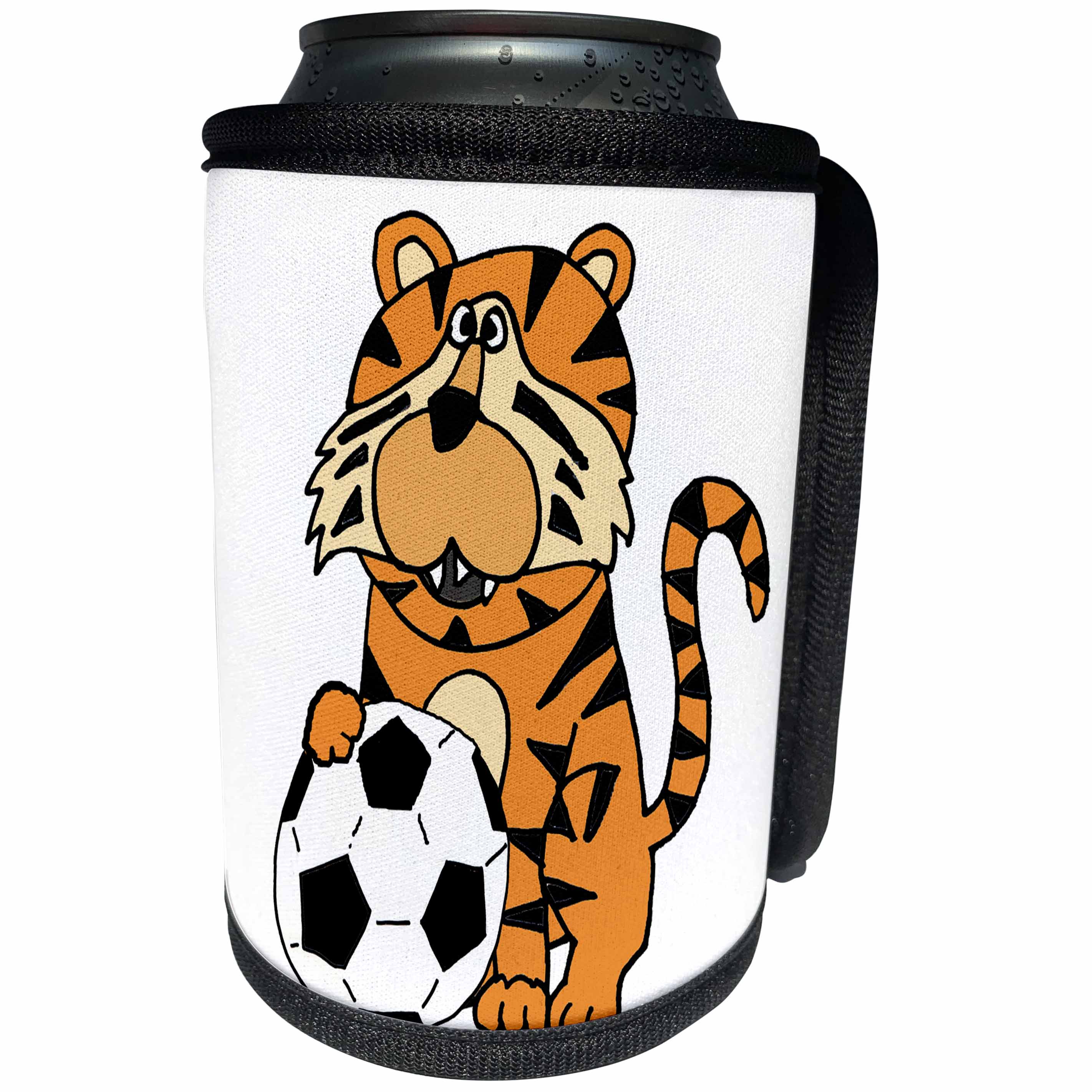 3dRose All Smiles Art Animals - Cute Unique Roaring Tiger Playing Soccer Cartoon - Can Cooler Bottle Wrap (cc_263987)