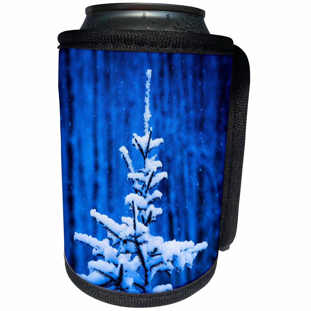 3dRose Alexis Photography - Christmas - Snowfall. Snow covered spruce tree. Silent night. Blue Christmas - Can Cooler Bottle Wrap (cc_264098)