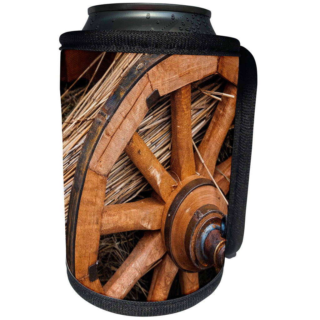 3dRose Alexis Photography - Objects - Ancient wooden cart wheel and a bunch of straw - Can Cooler Bottle Wrap (cc_264132)