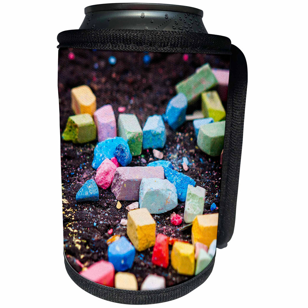 3dRose Alexis Photography - Objects - Colorful chalk pieces on a dark asphalt - Can Cooler Bottle Wrap (cc_264162)
