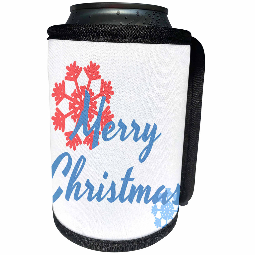 3dRose Alexis Design - Christmas - Blue text Merry Christmas, pink and blue snowflakes - Can Cooler Bottle Wrap (cc_264163)