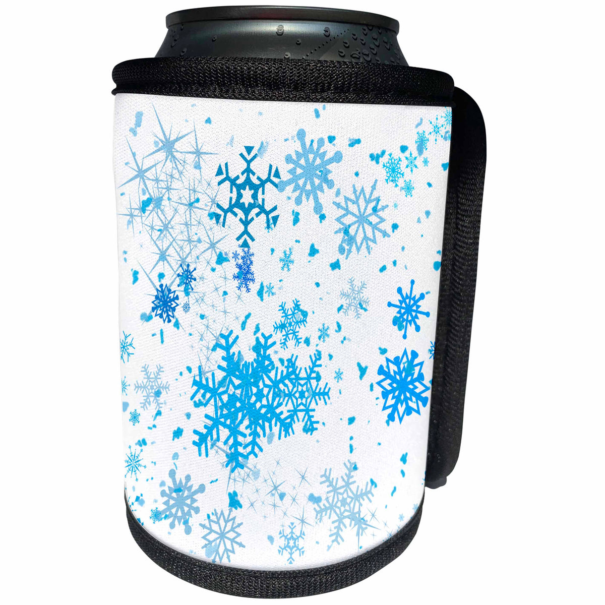 3dRose Alexis Design - Christmas - Blue snowflakes and stars in the air. Christmas snowfall - Can Cooler Bottle Wrap (cc_264164)