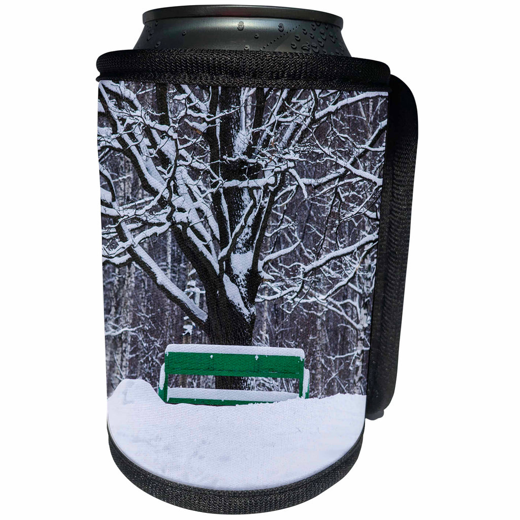 3dRose Alexis Photography - Winter - Green bench under an oak tree. Snow - Can Cooler Bottle Wrap (cc_264176)