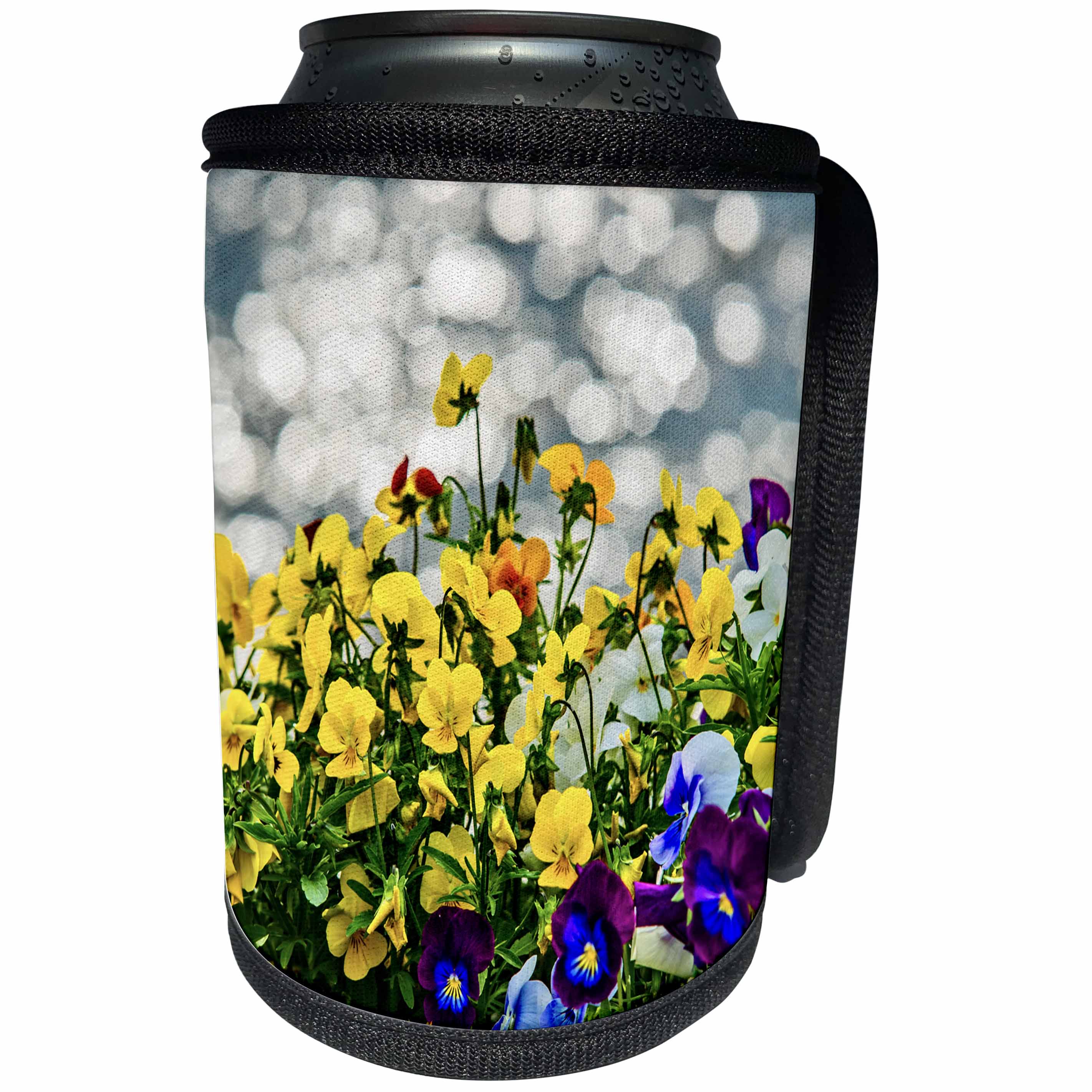 3dRose Alexis Photography - Flowers - Yellow and blue viola tricolor flowers, gray water - Can Cooler Bottle Wrap (cc_264181)
