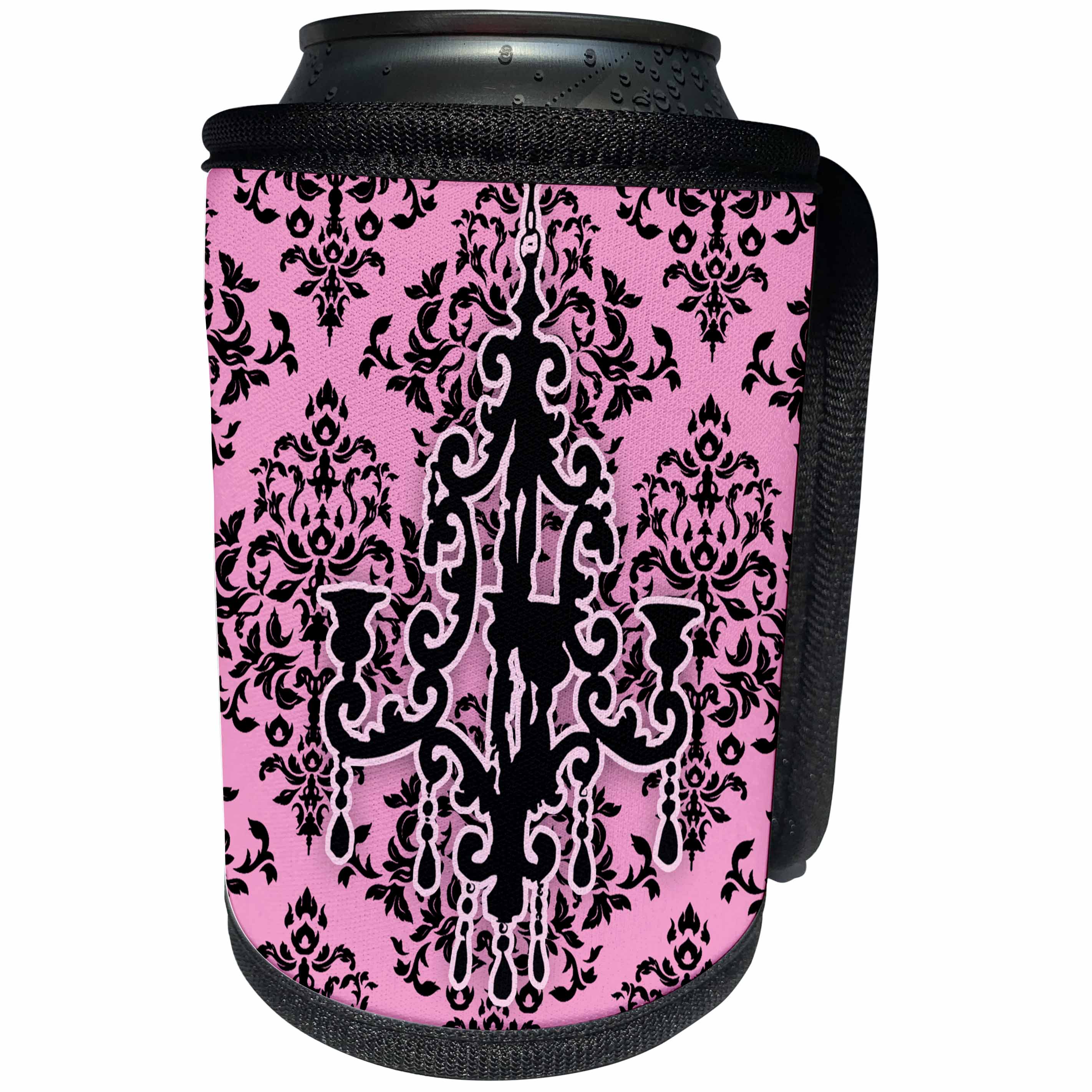 3dRose 311 Pink and Black Damask Chandelier - Stylish and pink damask print with chic black chandelier fixture - Can Cooler Bottle Wrap (cc_26421)