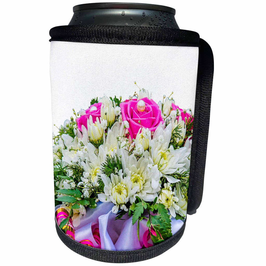 3dRose Alexis Design - Floral - Bunch of white and pink flowers - Can Cooler Bottle Wrap (cc_264214)